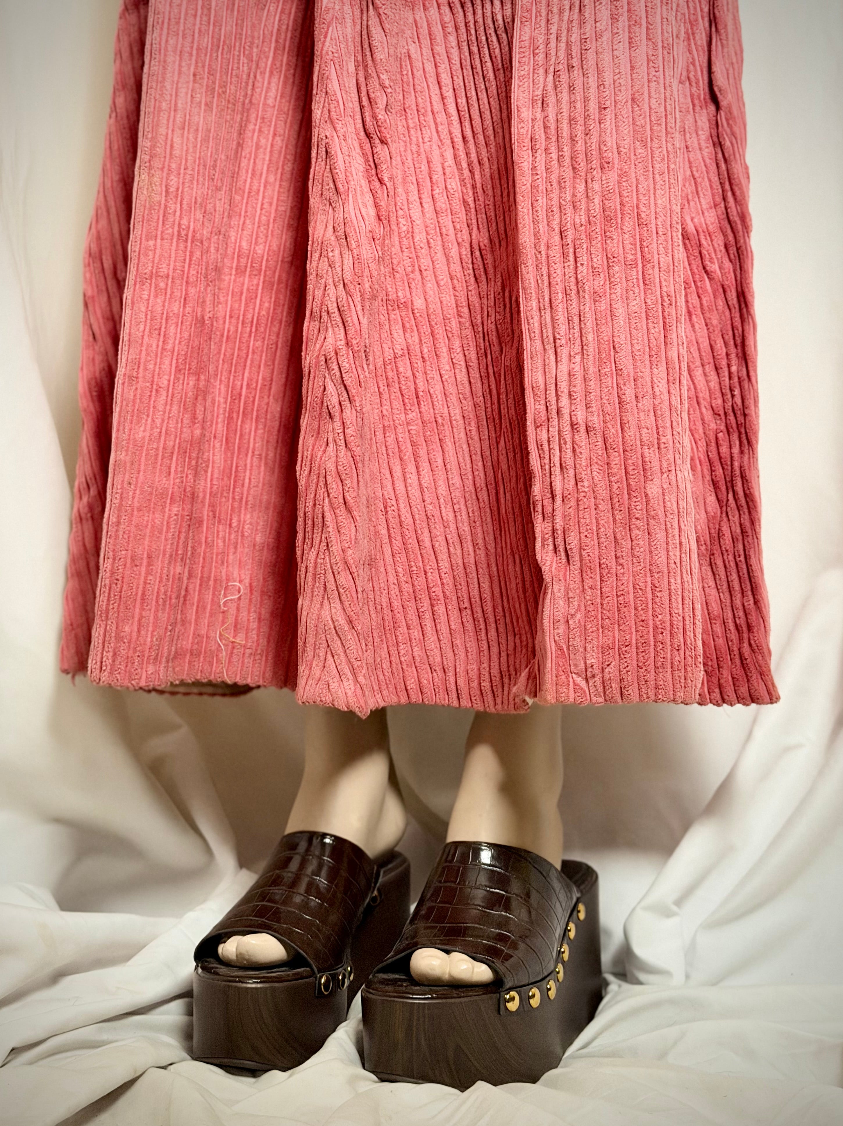 1970s Pink Velvet Corduroy Prairie Dress