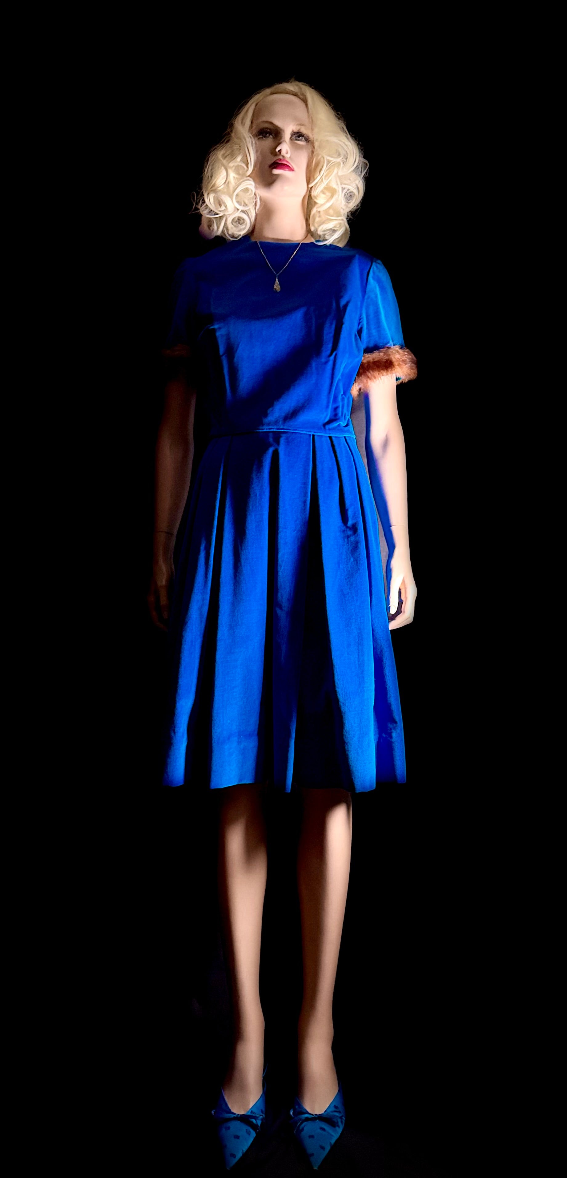 1960s Royal Blue Velvet Dress with Fur-Trimmed Sleeves