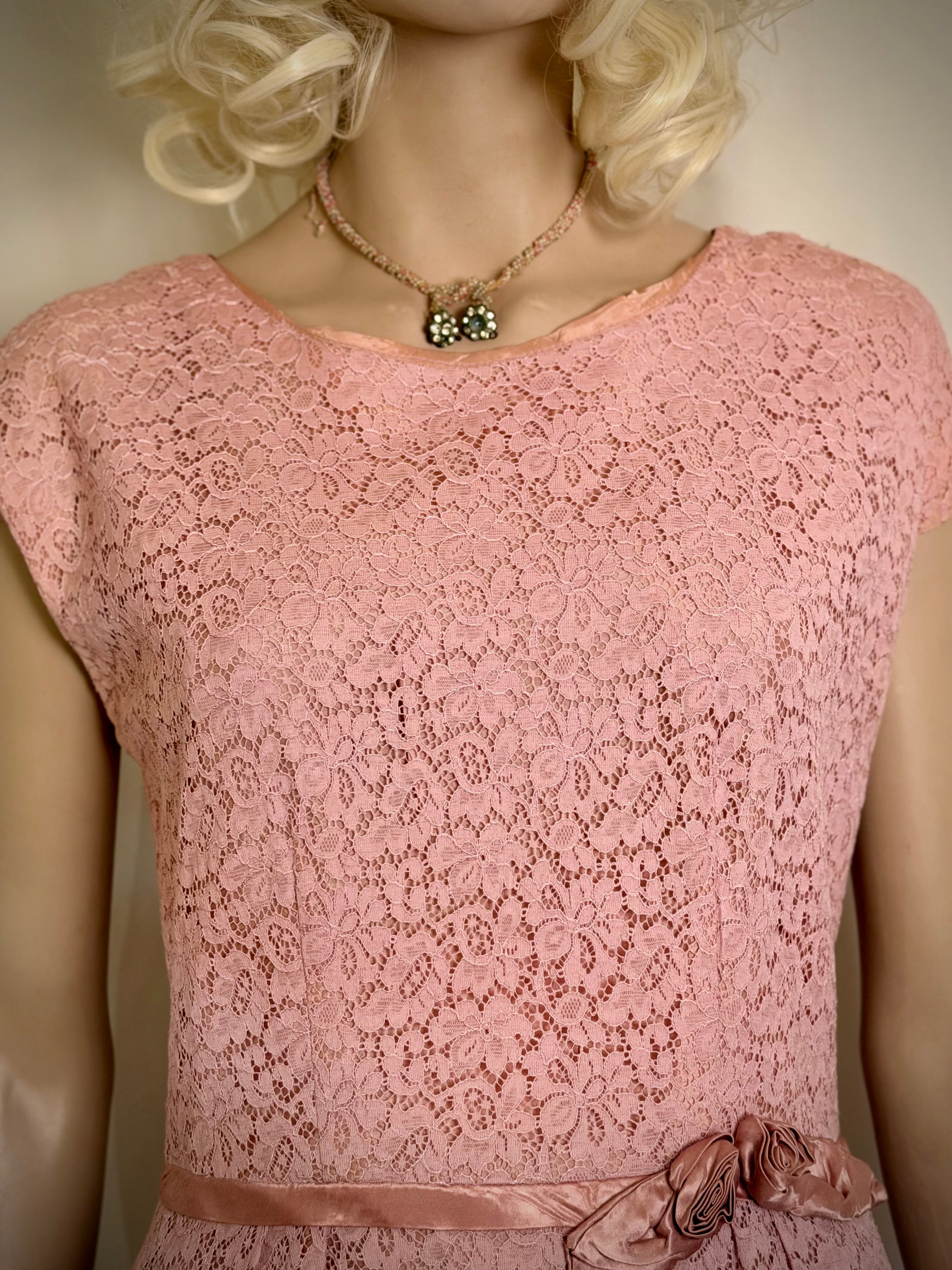 1950s Pink Lace Cocktail Dress with Satin Rosette Belt