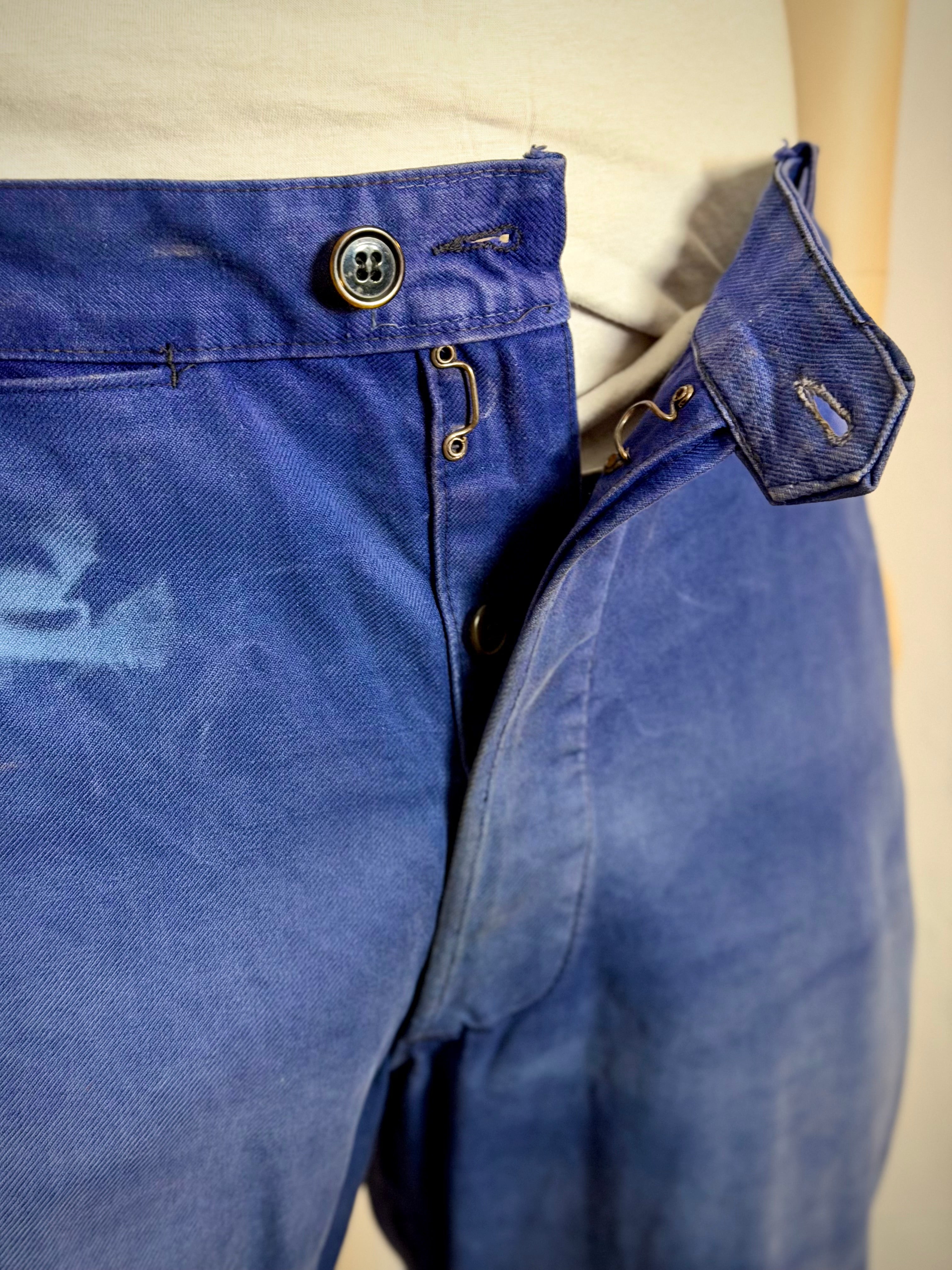 1940s French Workwear Trousers - Bleu de Travail Patina, Wide Leg, Rare