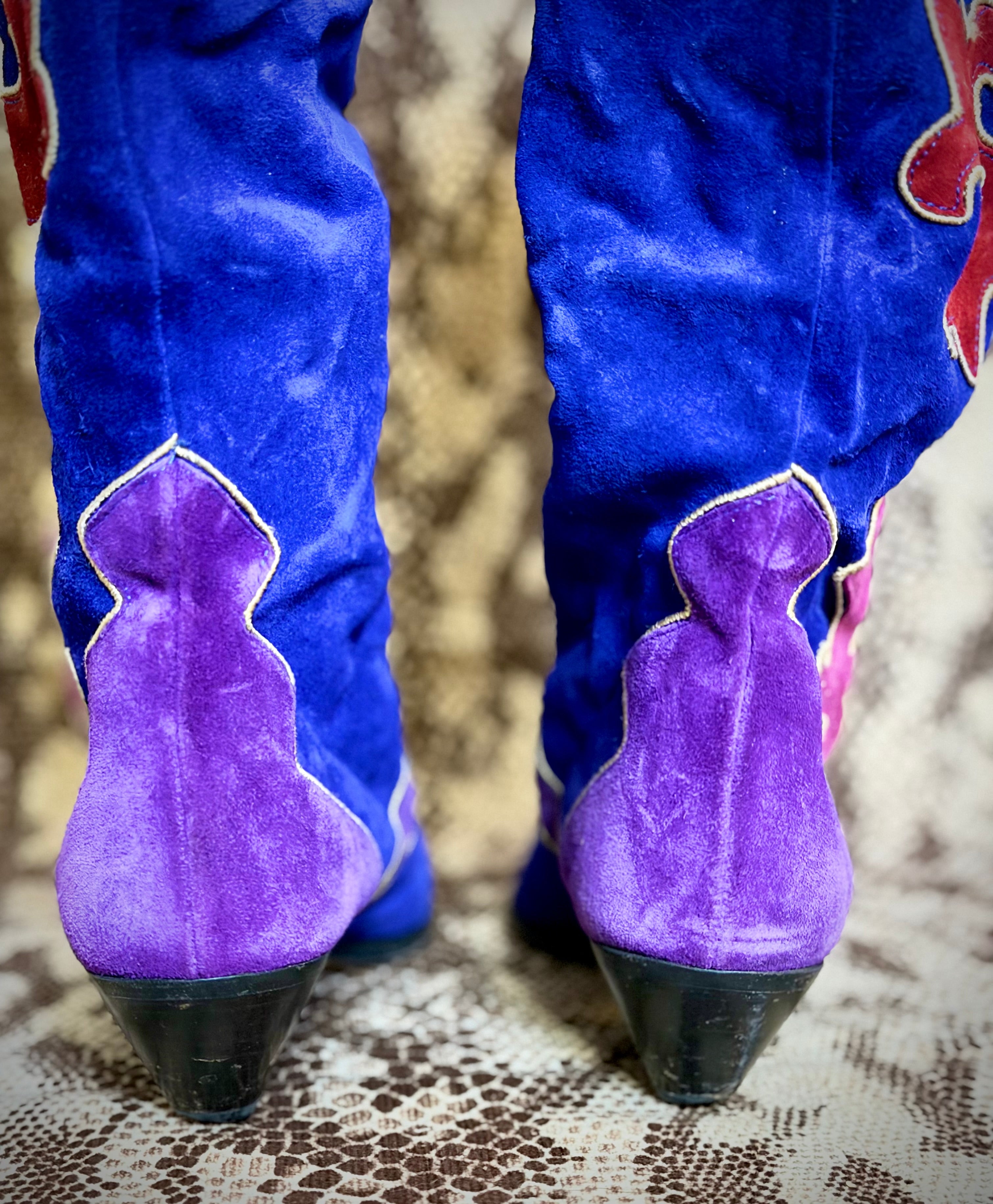 Vintage 1980s Biondini Suede Appliqué Cowboy Boots