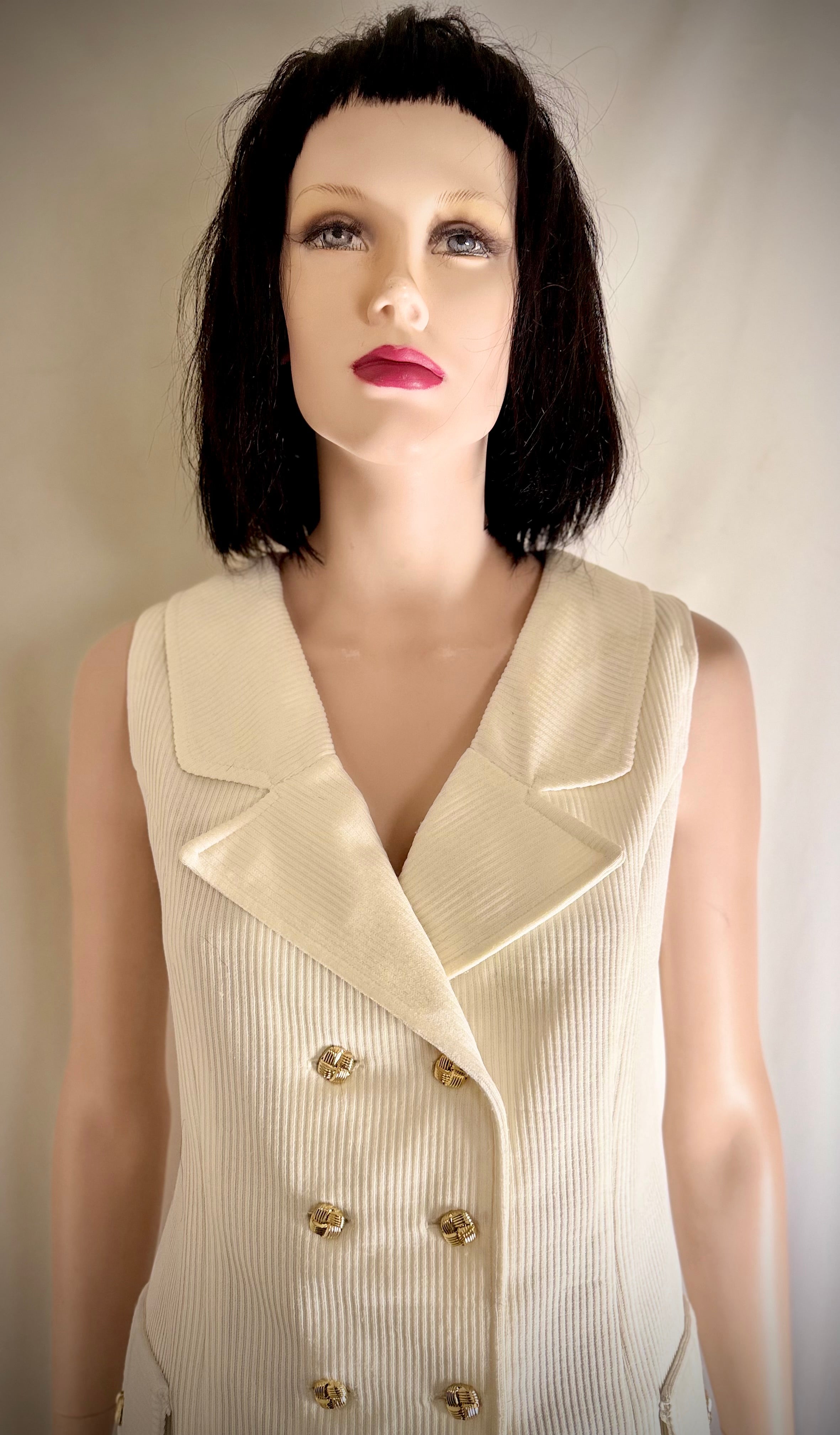 Cream Ribbed Double-Breasted Vest Top with Gold Buttons