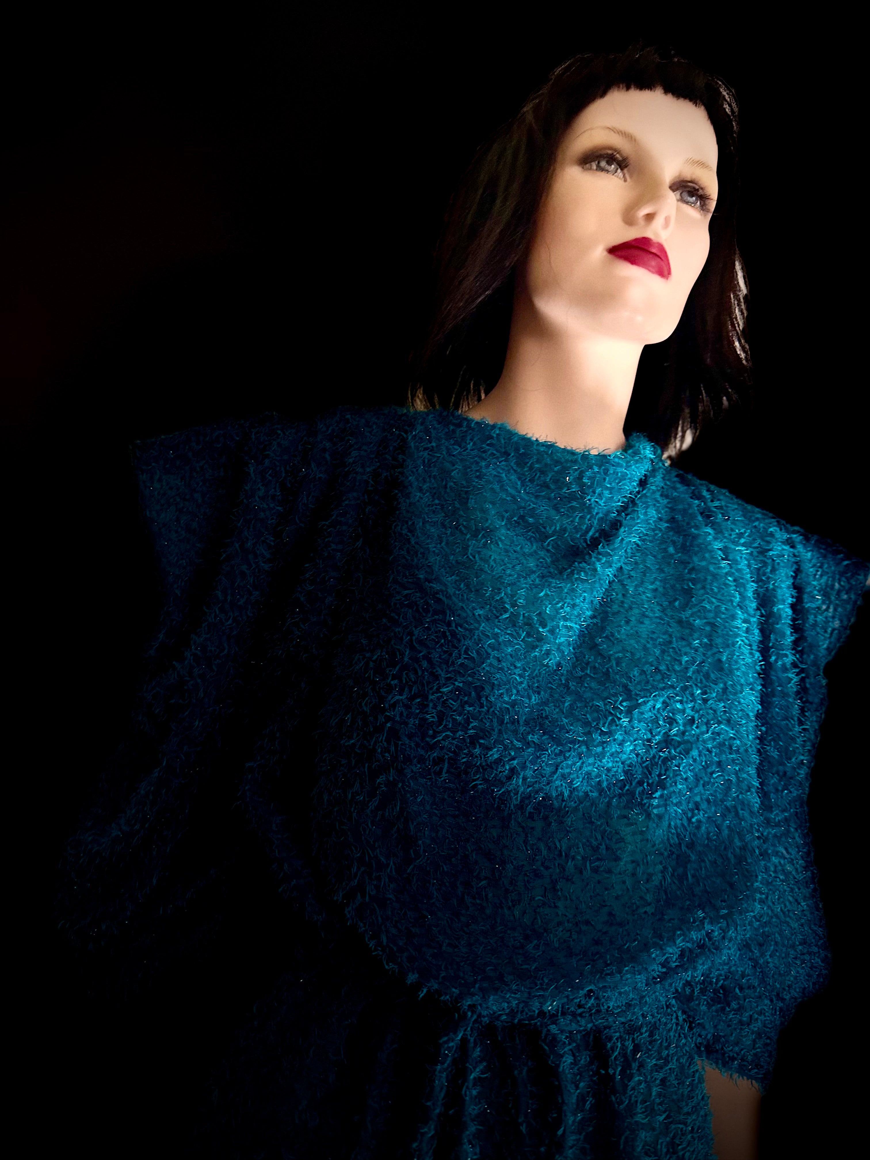 Electric Turquoise Sheer Lurex Midi Dress – 80s Avant-Garde Silhouette