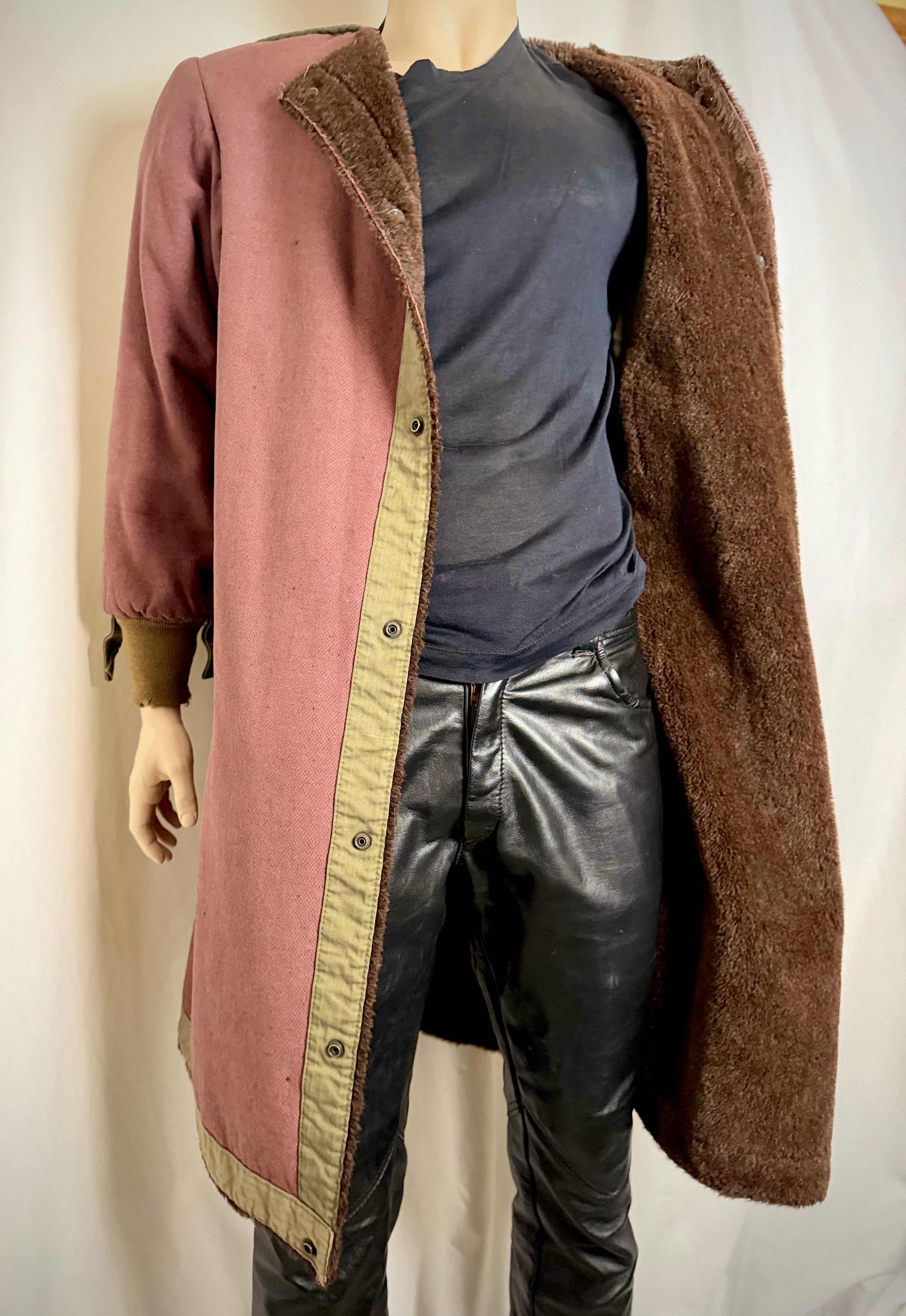 1960s Shearling Lined
Collarless Workers Coat - Olive Herringbone Trim