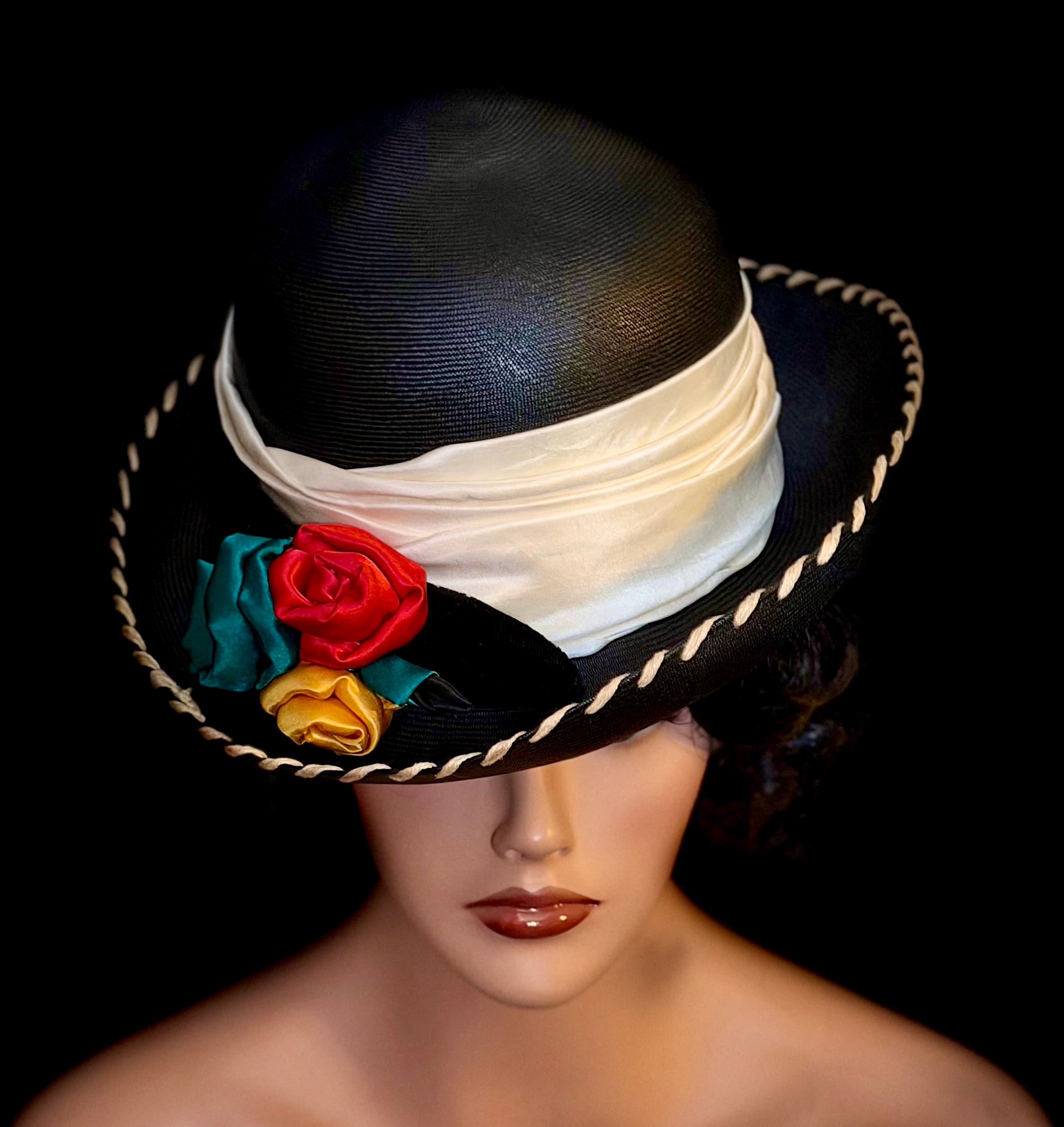 Exceptional Mid-Century Sculptural Hat - Black Structured Crown with Velvet and Satin Roses