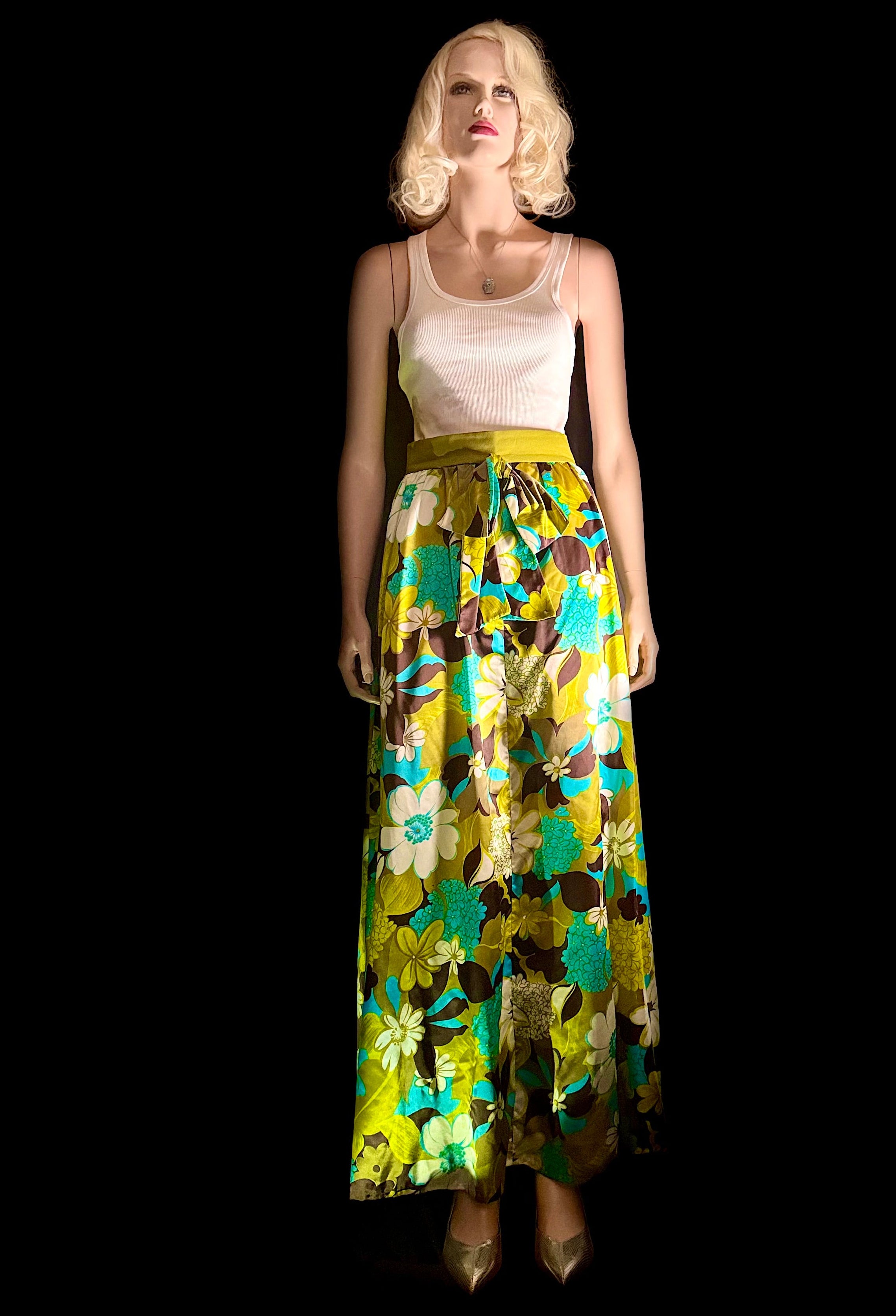 1960s Floral Satin Maxi Skirt With Waist Tie – Hawaiian Style Print