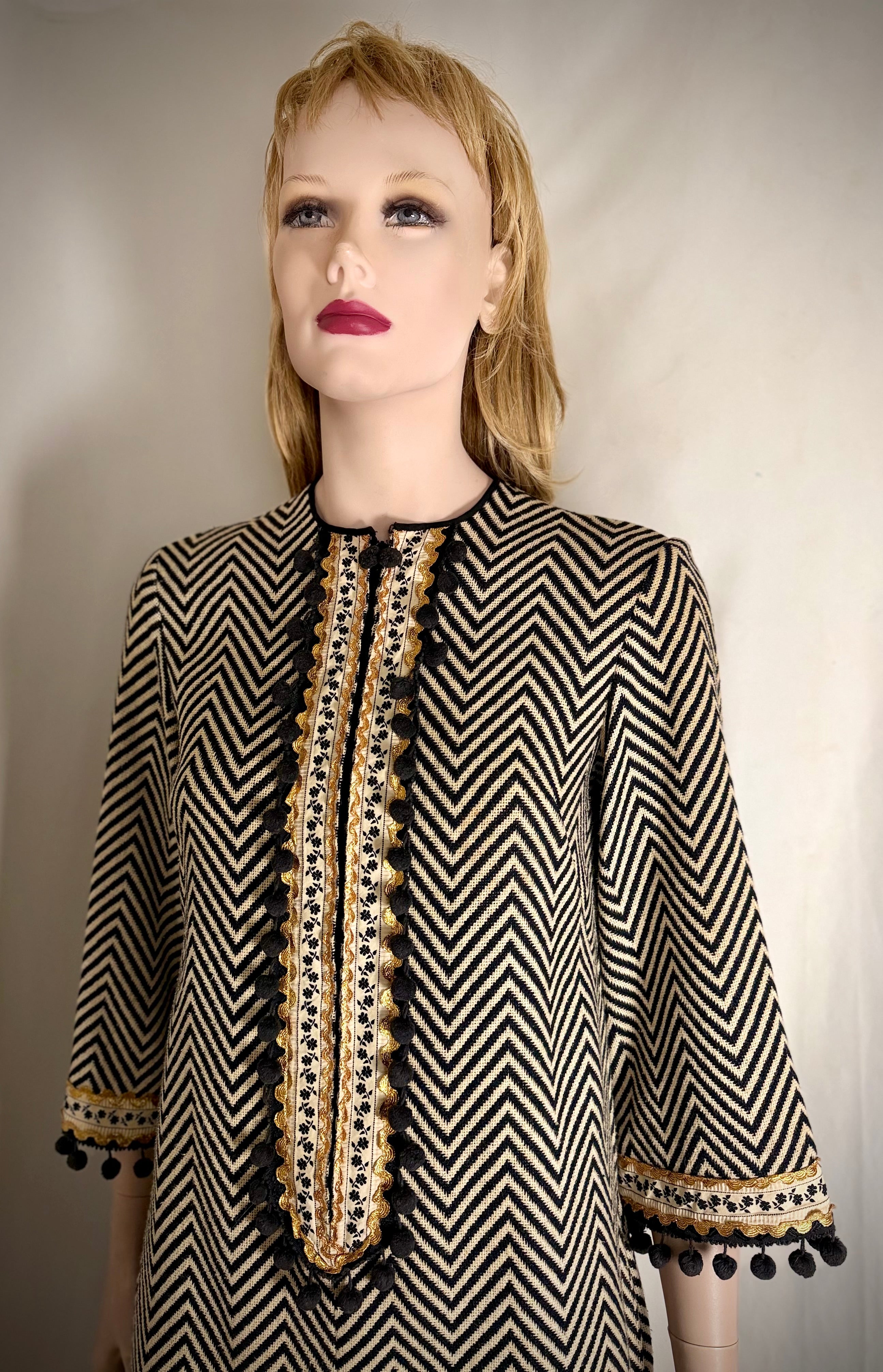 Mid-Century Chevron Weave Dress with Decorative Trim