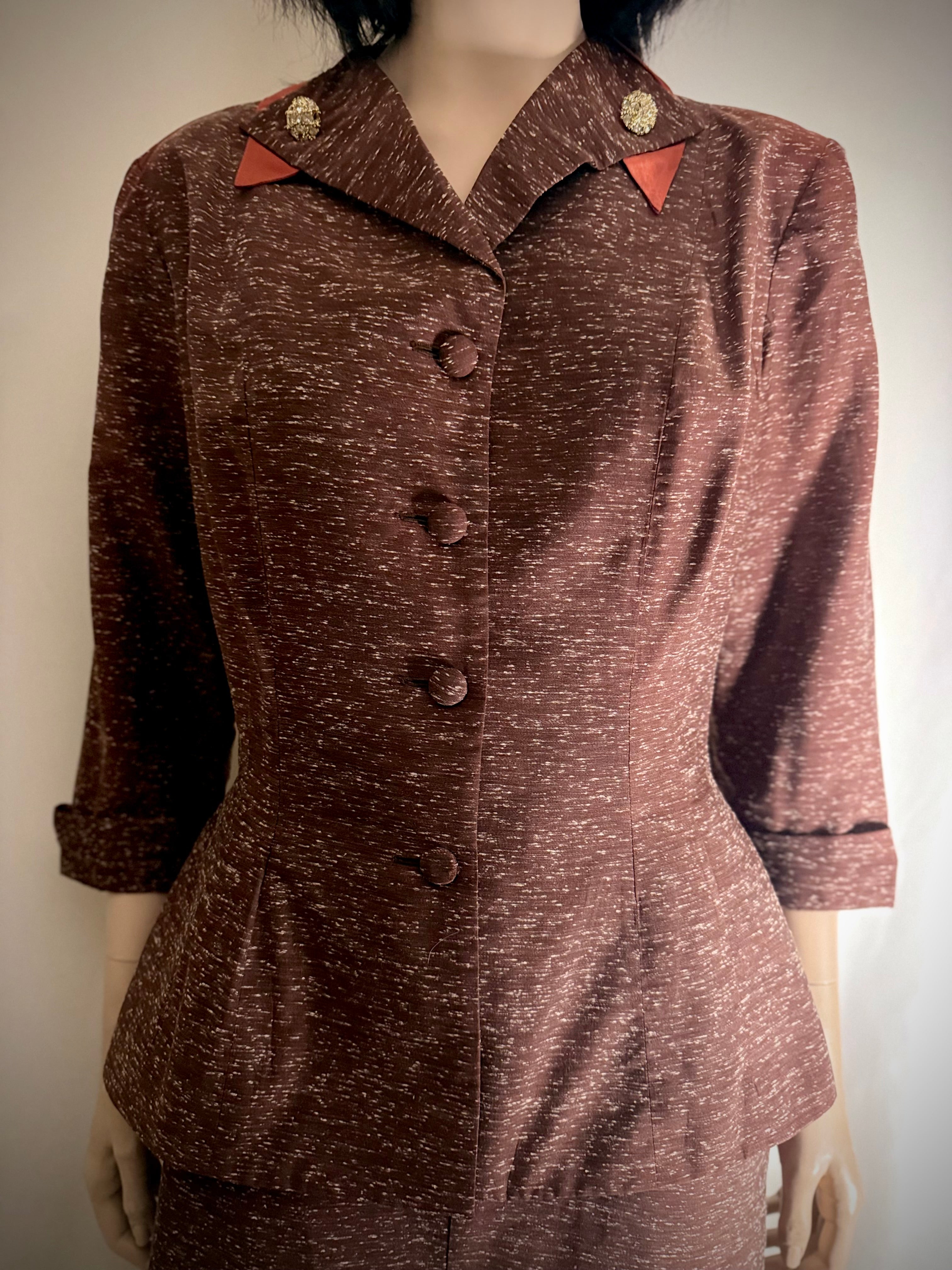 Late 1940s Vintage Skirt Suit - Rayon-Cotton with Satin Collar Detail