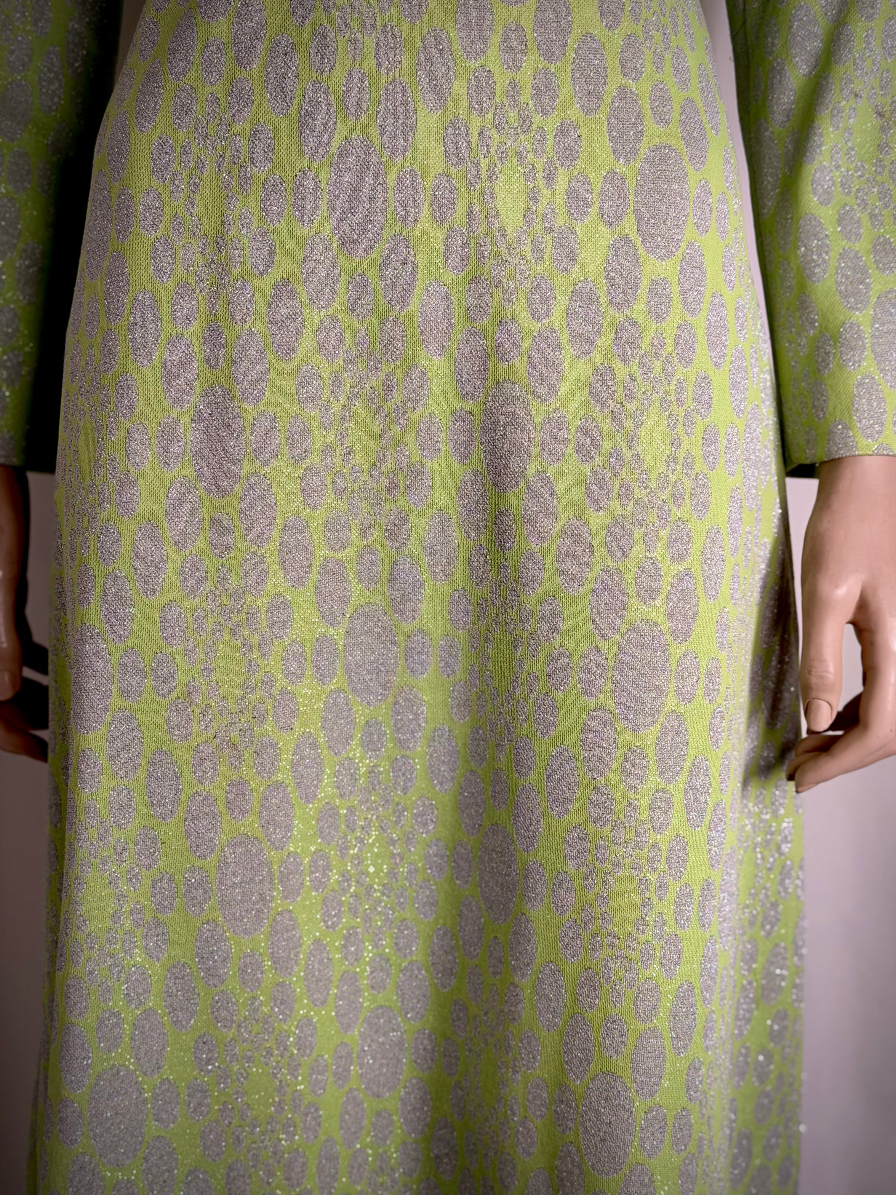 1960s Chartreuse Metallic Jacquard Op-Art Evening Gown (Mint Condition)