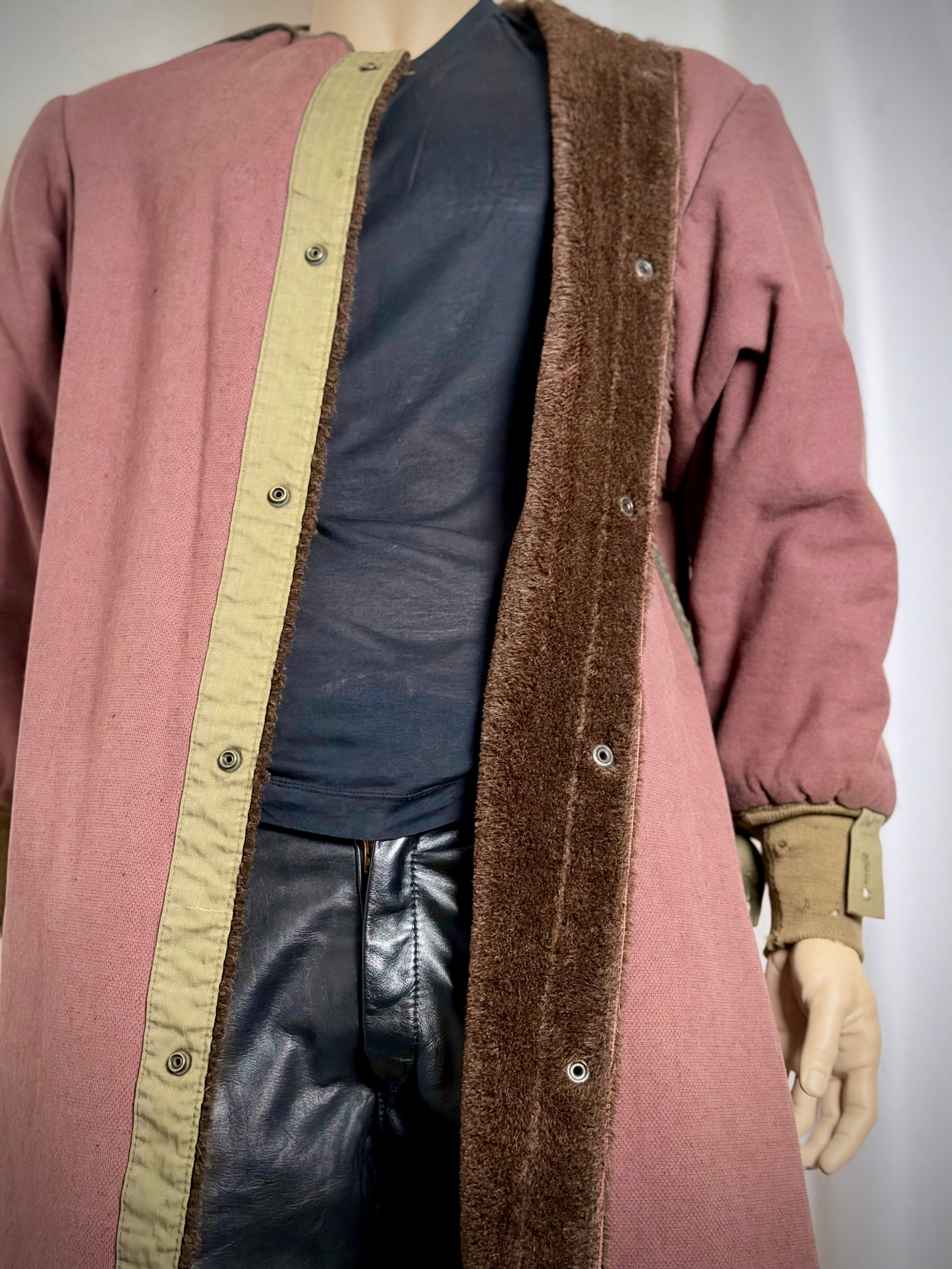1960s Shearling Lined
Collarless Workers Coat - Olive Herringbone Trim