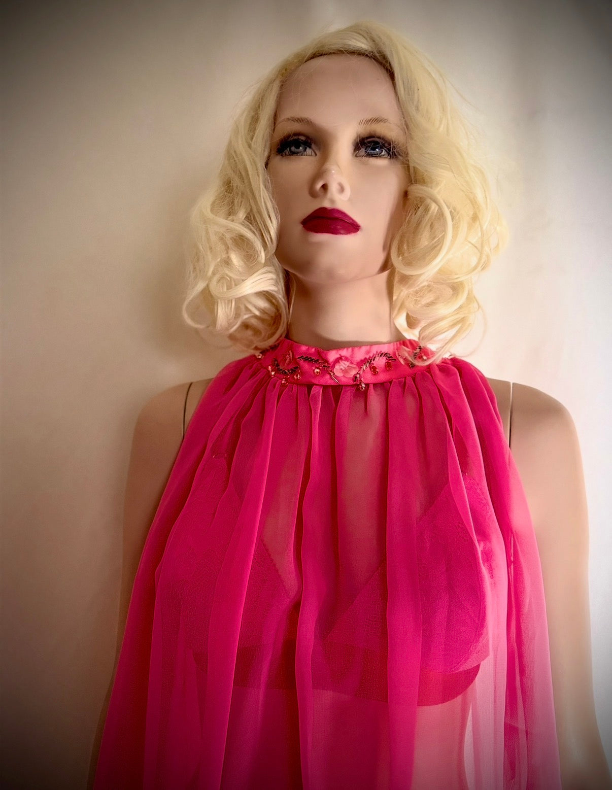 1960s Hot Pink Sheer Babydoll Dress with Hand-Beaded Collar