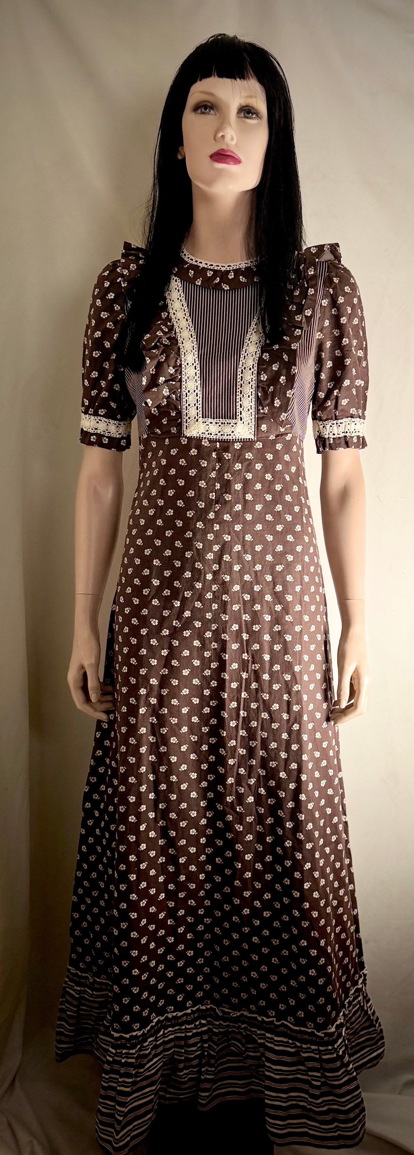 1970s Dark Brown Cotton Prairie Dress