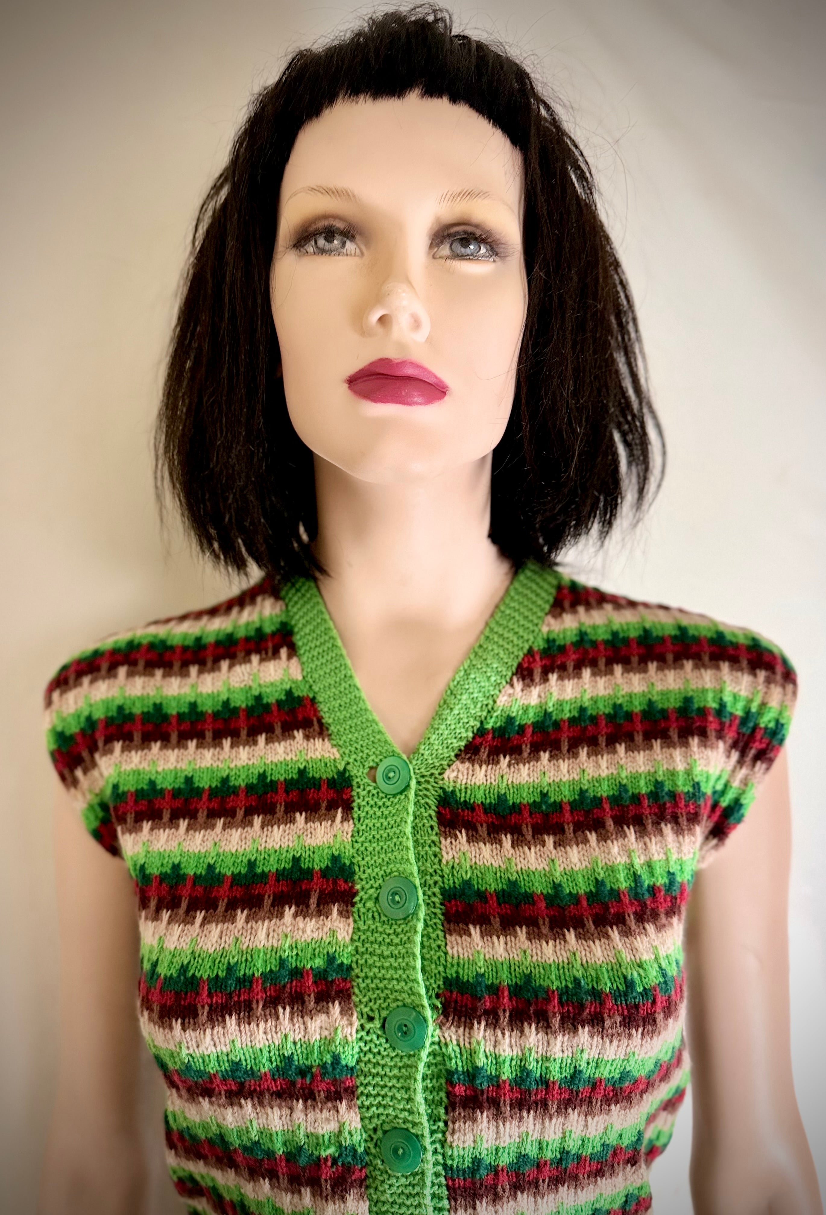 1940s-50s Hand-Knitted Wool Vest | Folk Stripe Knit