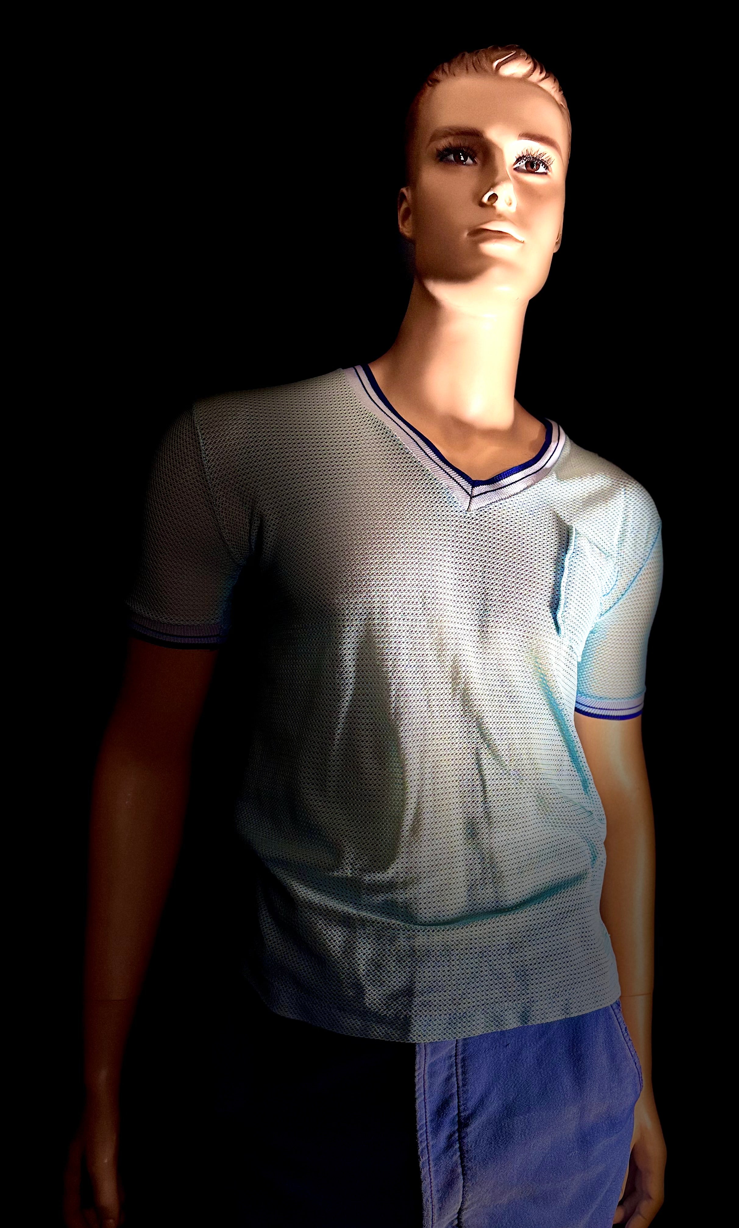 1960s Powder Blue Mesh Athletic Tee - Varsity Trim (Vintage Sportswear)