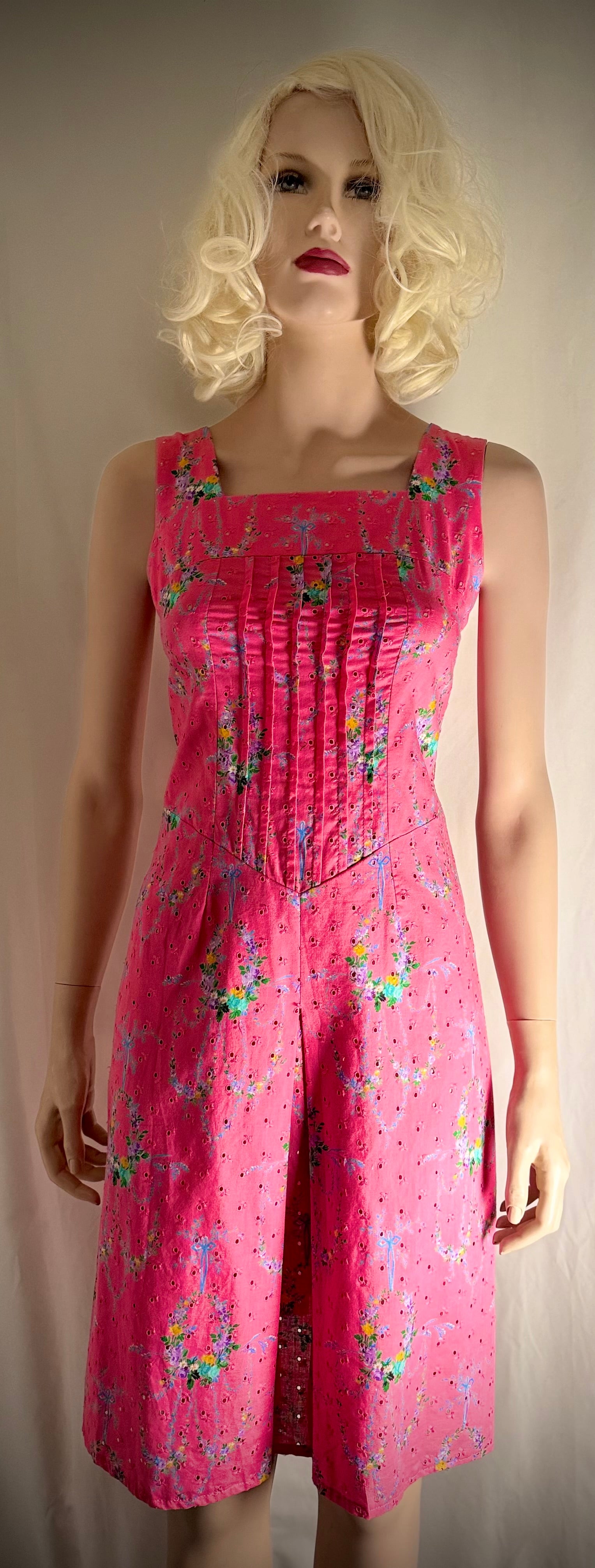 Circa 1960 Pink Floral Eyelet Cotton Dress with Pintucked Bodice