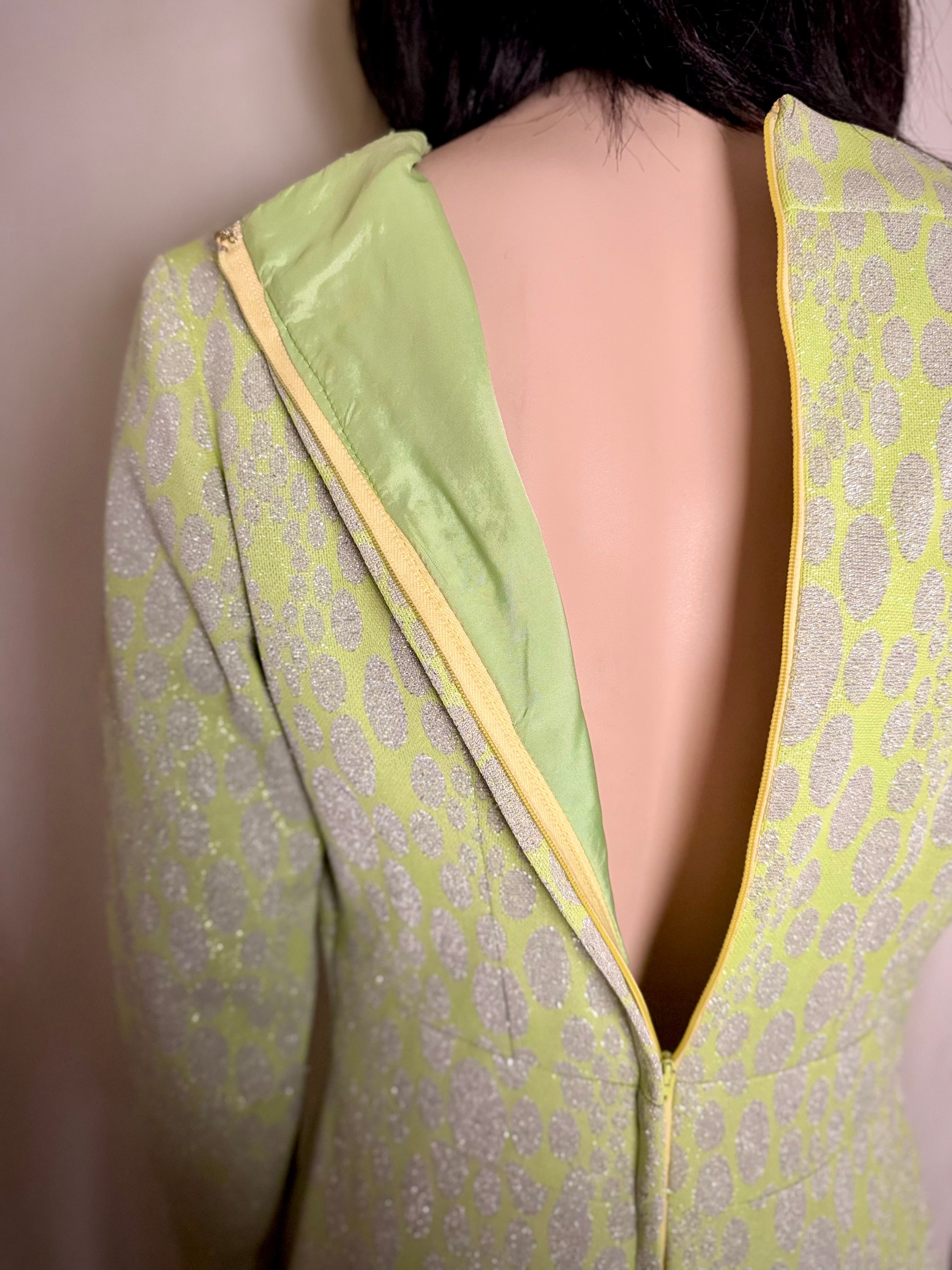1960s Chartreuse Metallic Jacquard Op-Art Evening Gown (Mint Condition)