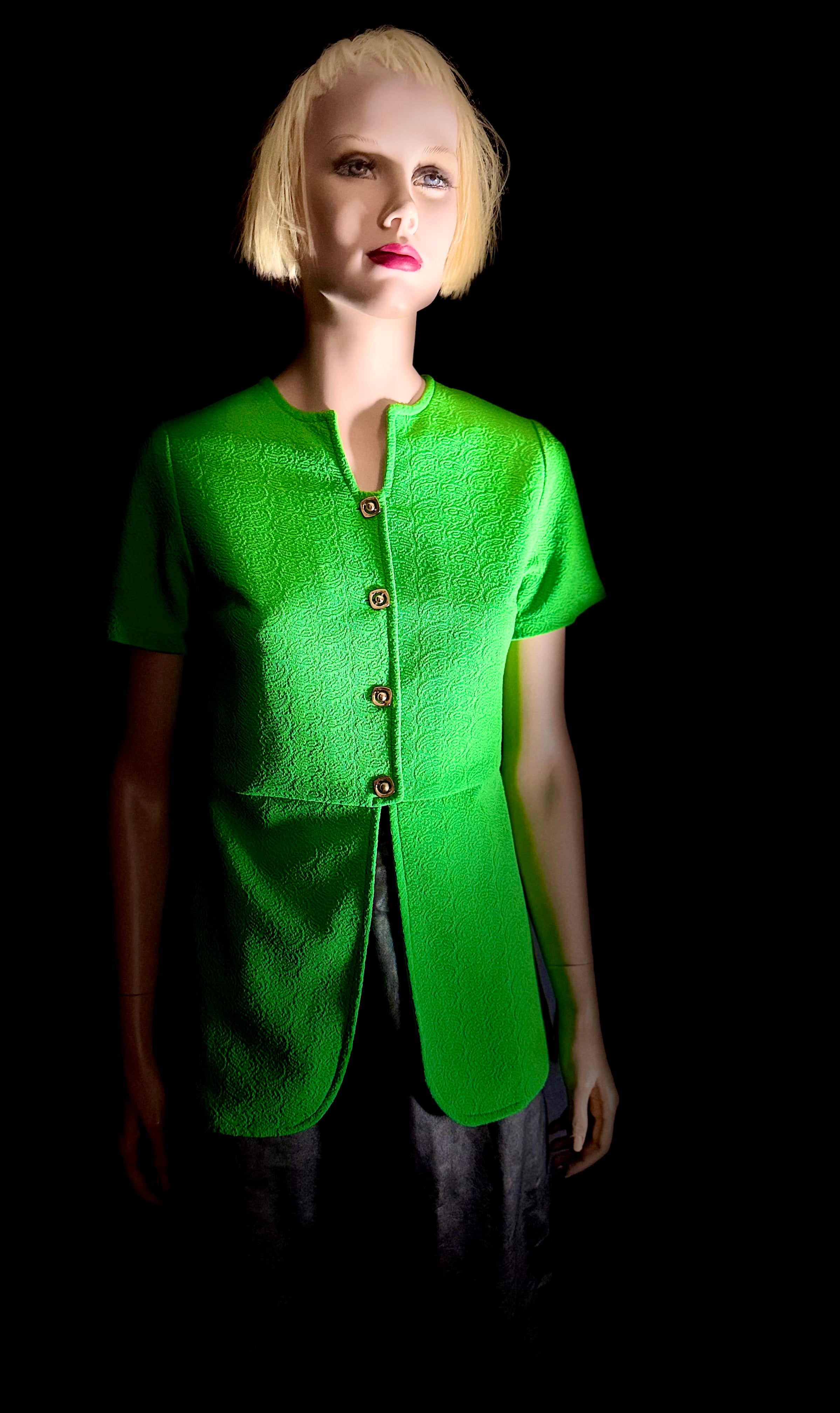 Vibrant 1960s Mod Green Textured Top