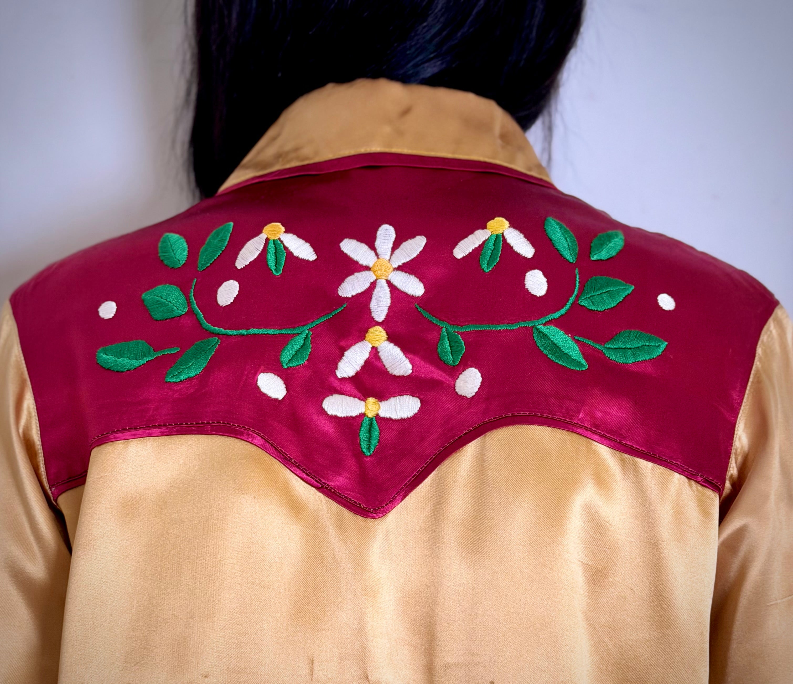 1940s Hand Embroidered Satin Western Shirt