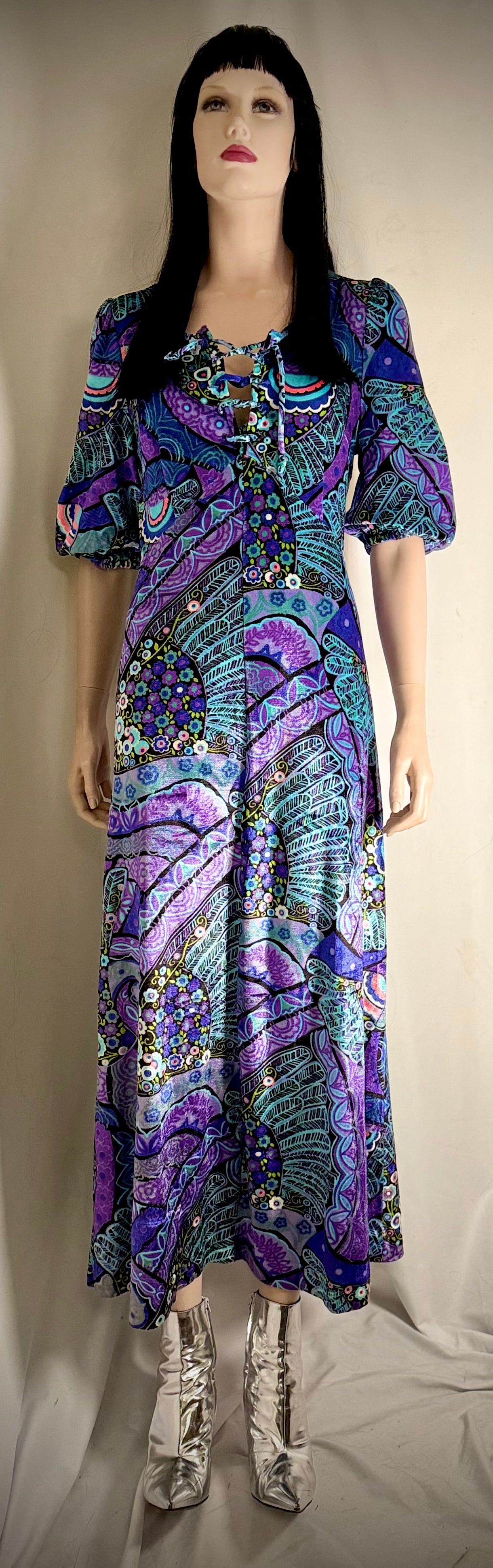 1970s Finn Karelia Psychedelic Velvet Maxi Dress | Made In Finland