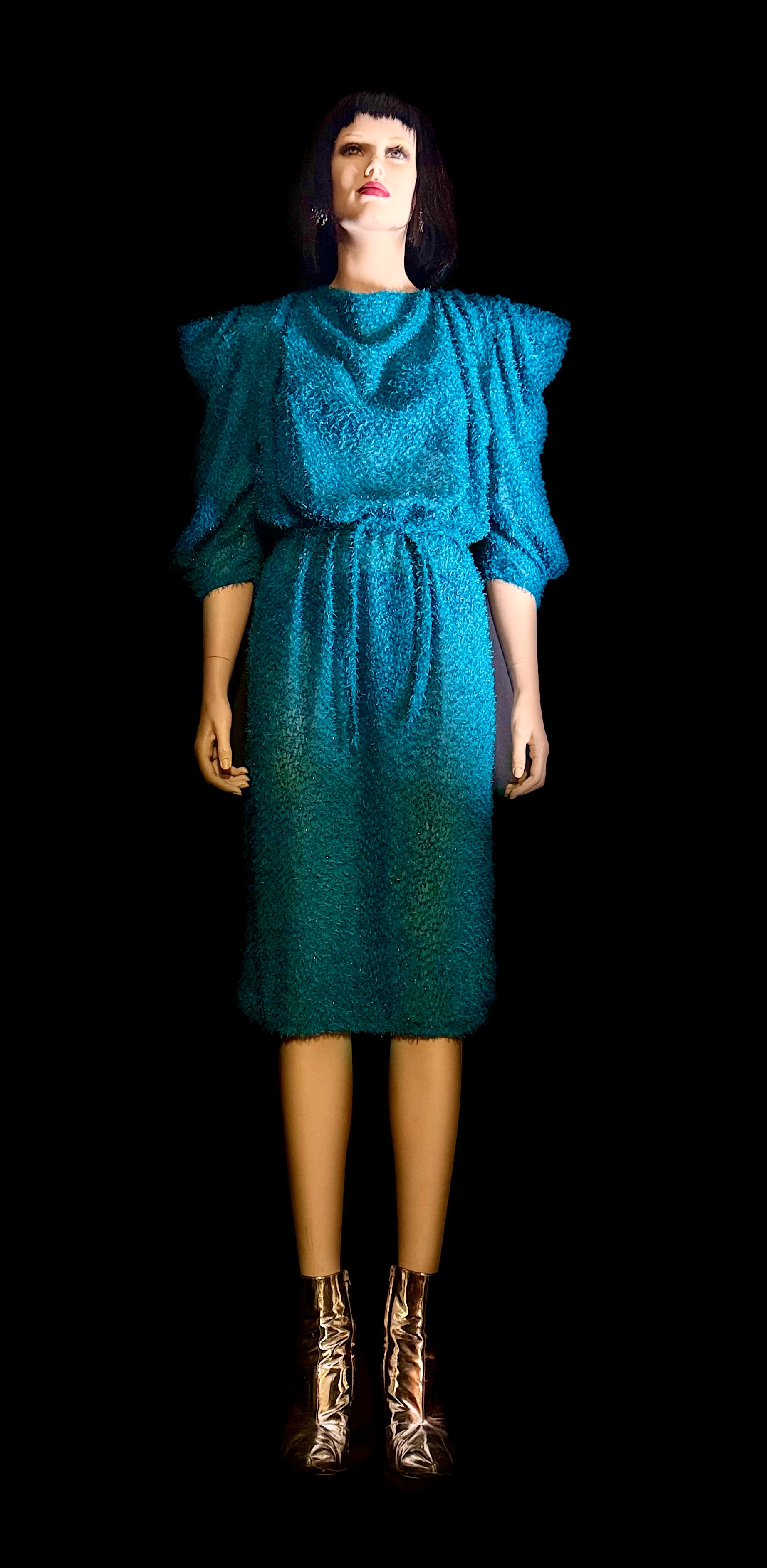 Electric Turquoise Sheer Lurex Midi Dress – 80s Avant-Garde Silhouette