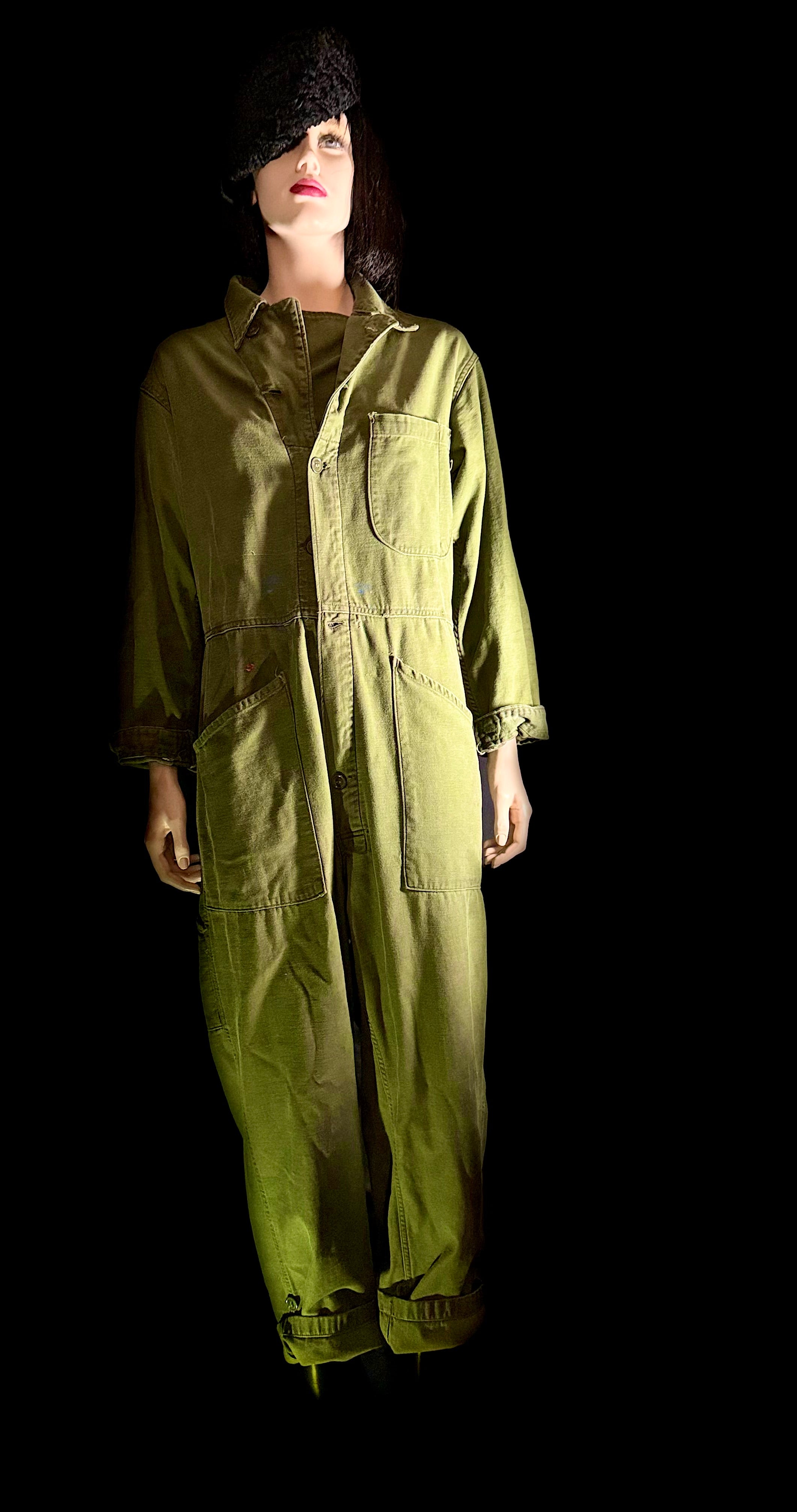 1970s Olive Workwear Jumpsuit | Vintage Painter’s Coverall | Cotton Utility Suit