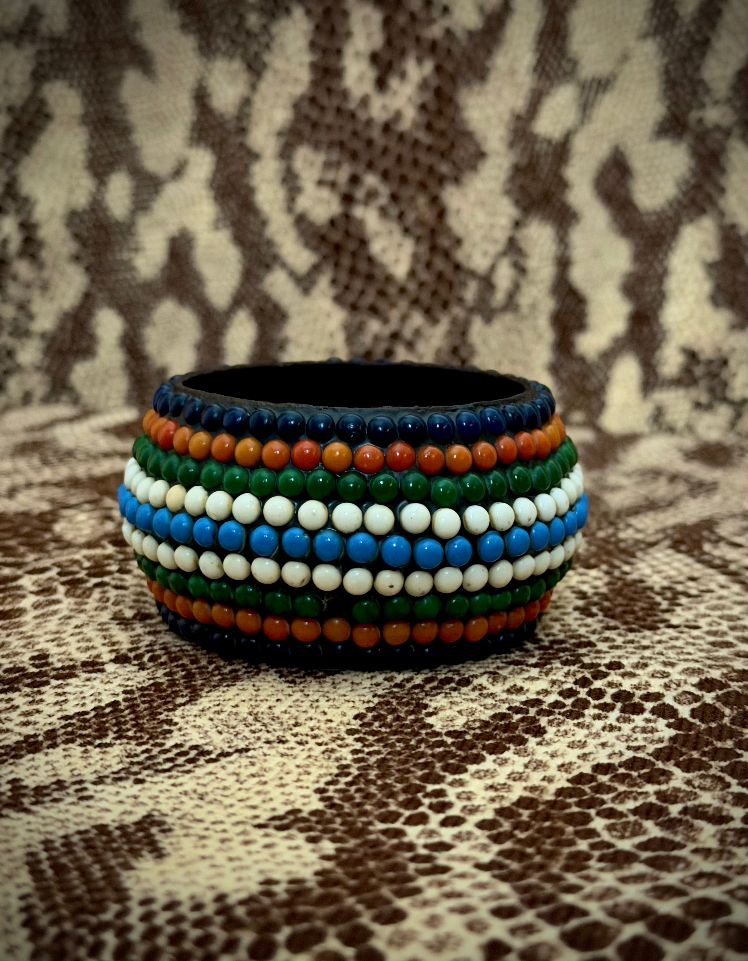 1980s African Beaded Wooden Bangle | Multicolour Stripe Design