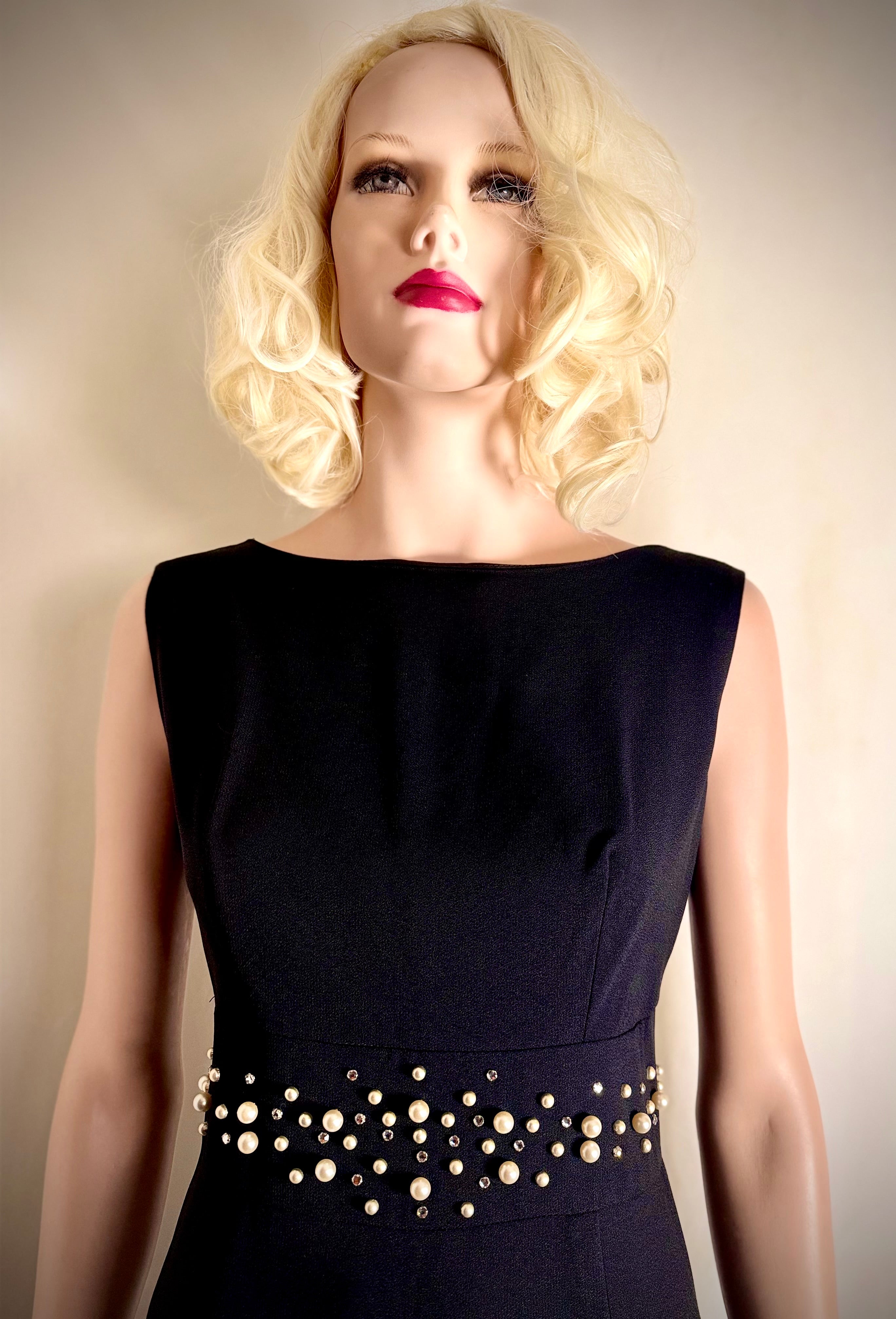 1960s Hershelle Model Mayfair London Black Evening Gown, Pearl & Diamante Detail
