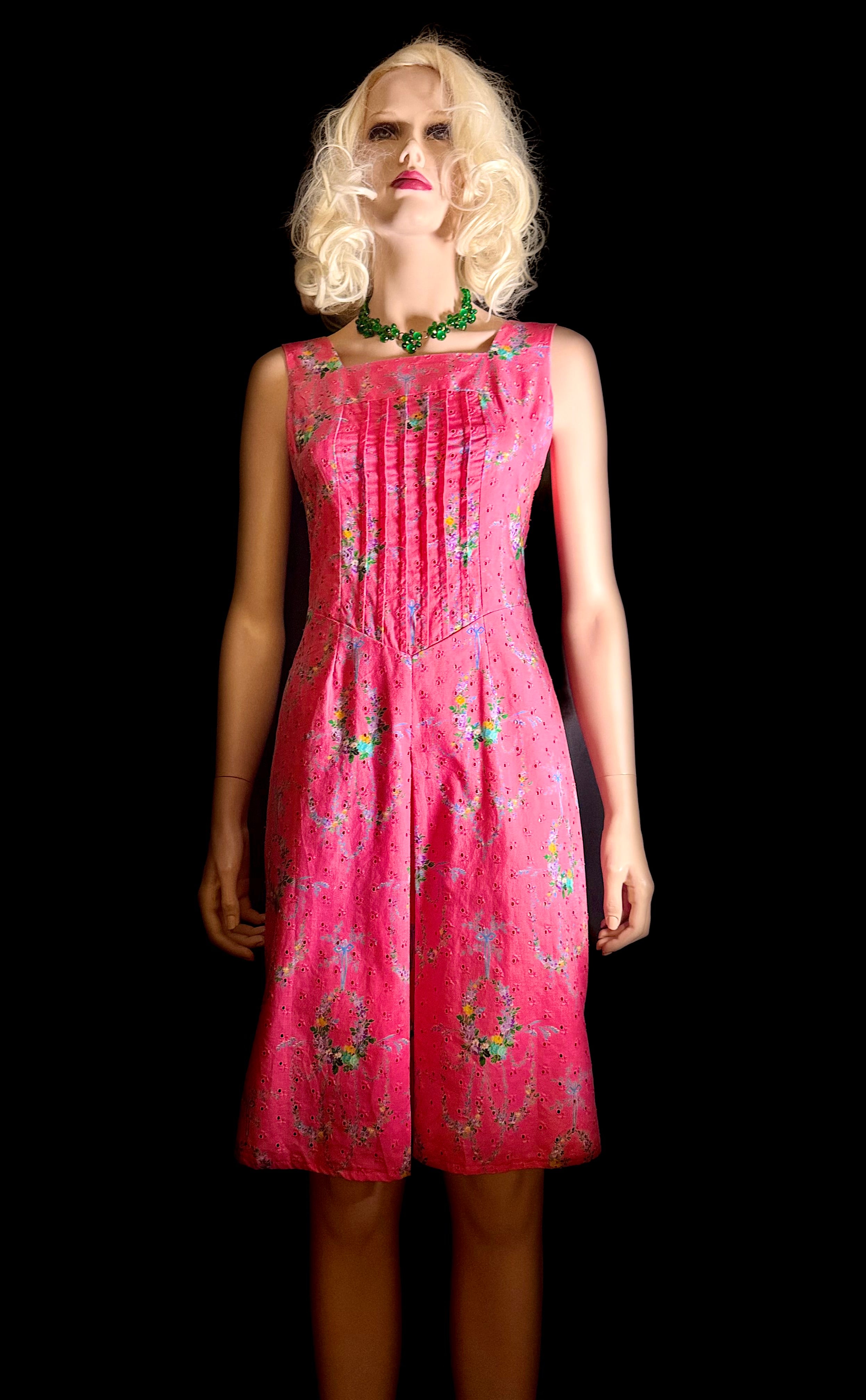 Circa 1960 Pink Floral Eyelet Cotton Dress with Pintucked Bodice