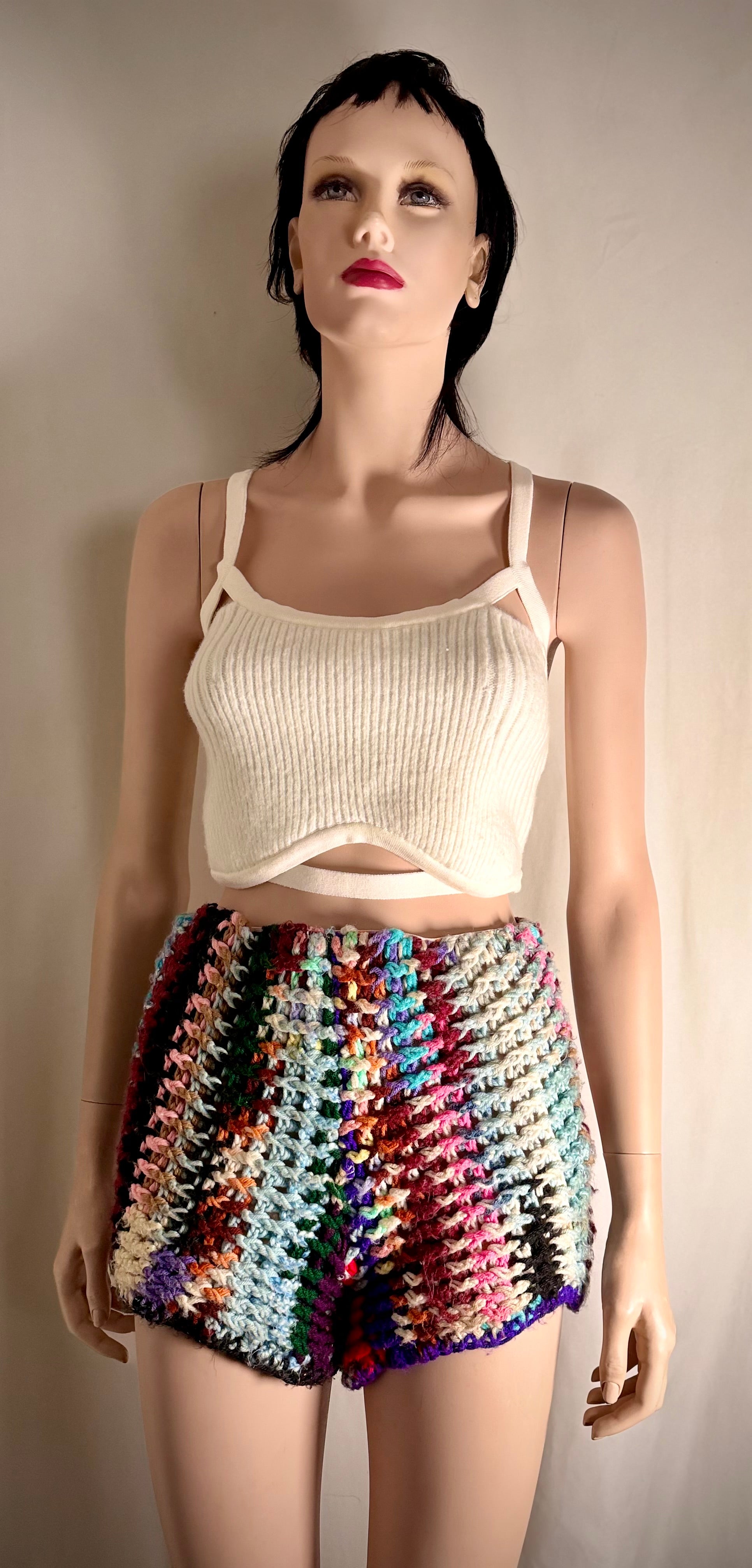 Vintage Hand-Crocheted Shorts - Late 60s to Early 70s Multicolour Knit