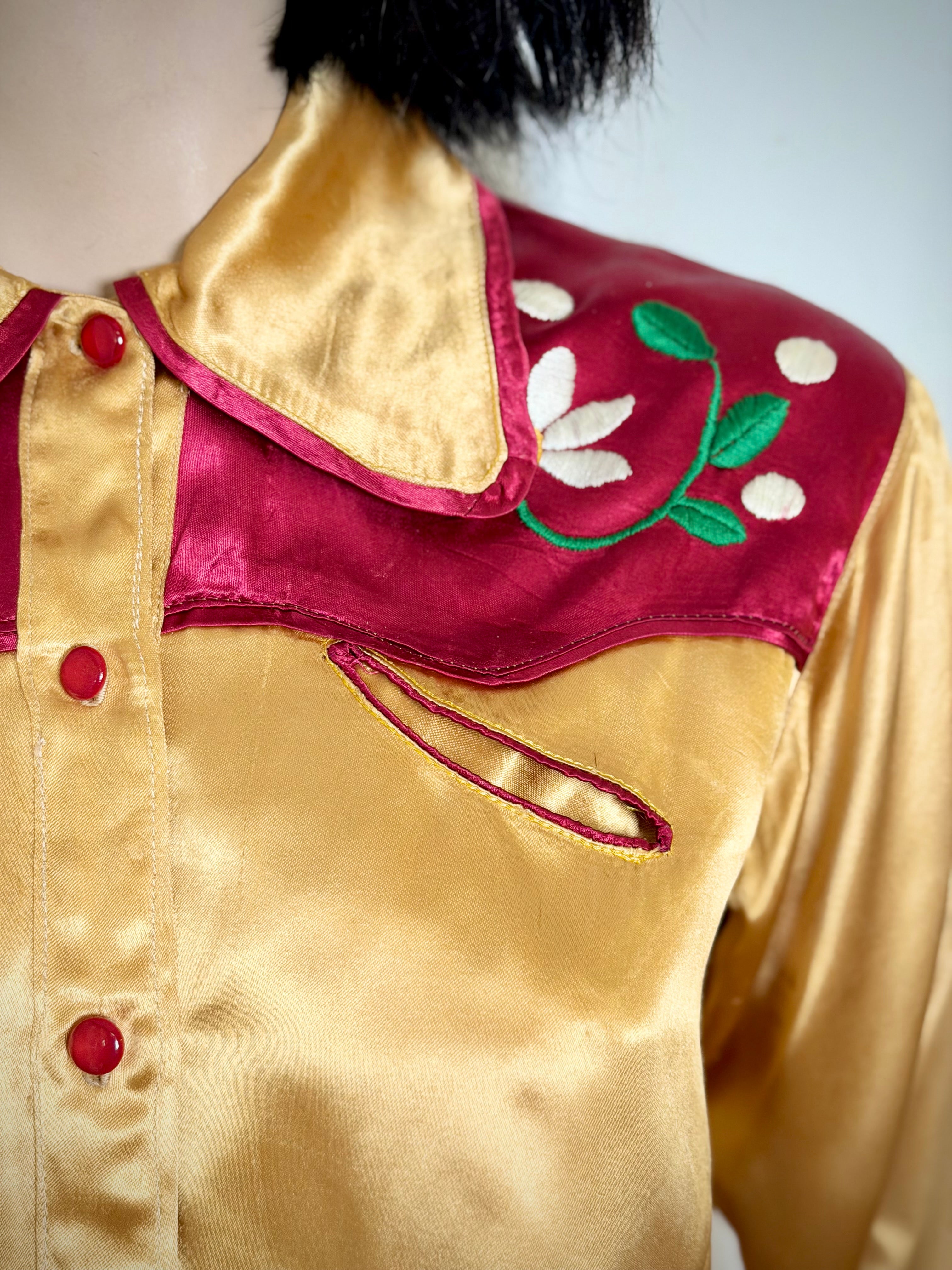 1940s Hand Embroidered Satin Western Shirt