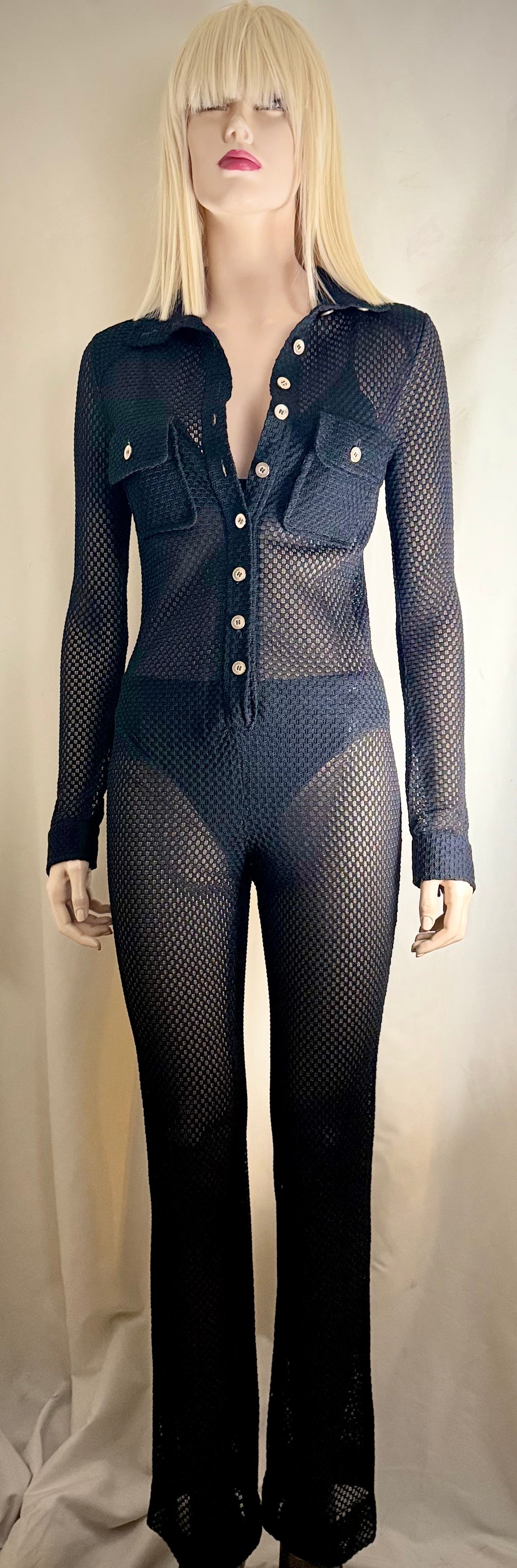 1970s Black Lace Mesh Jumpsuit With Military Details