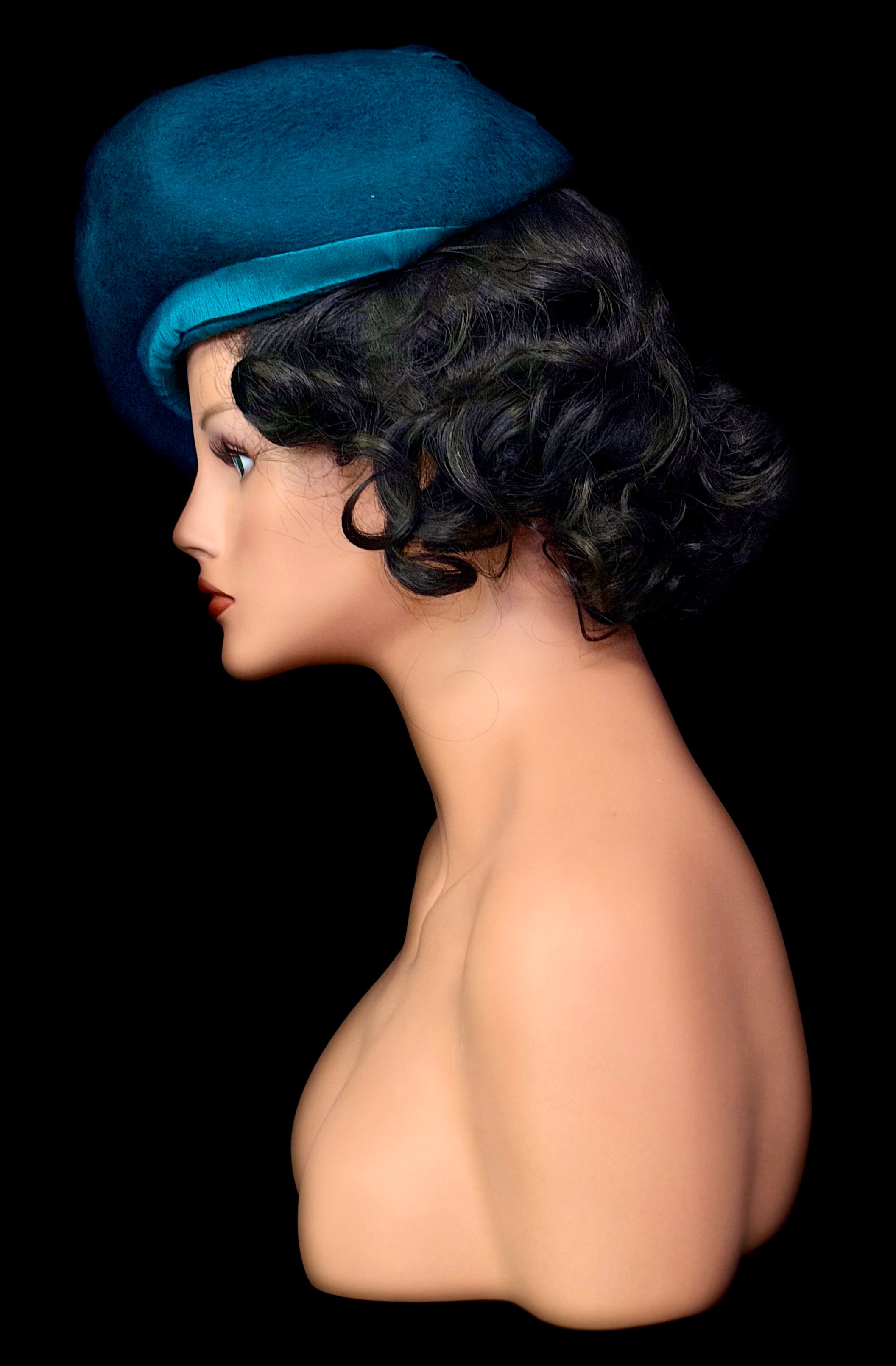 1960s Teal Felt Tilt Hat-David Jones Service Millinery | Sculptural Mid-Century Couture Style