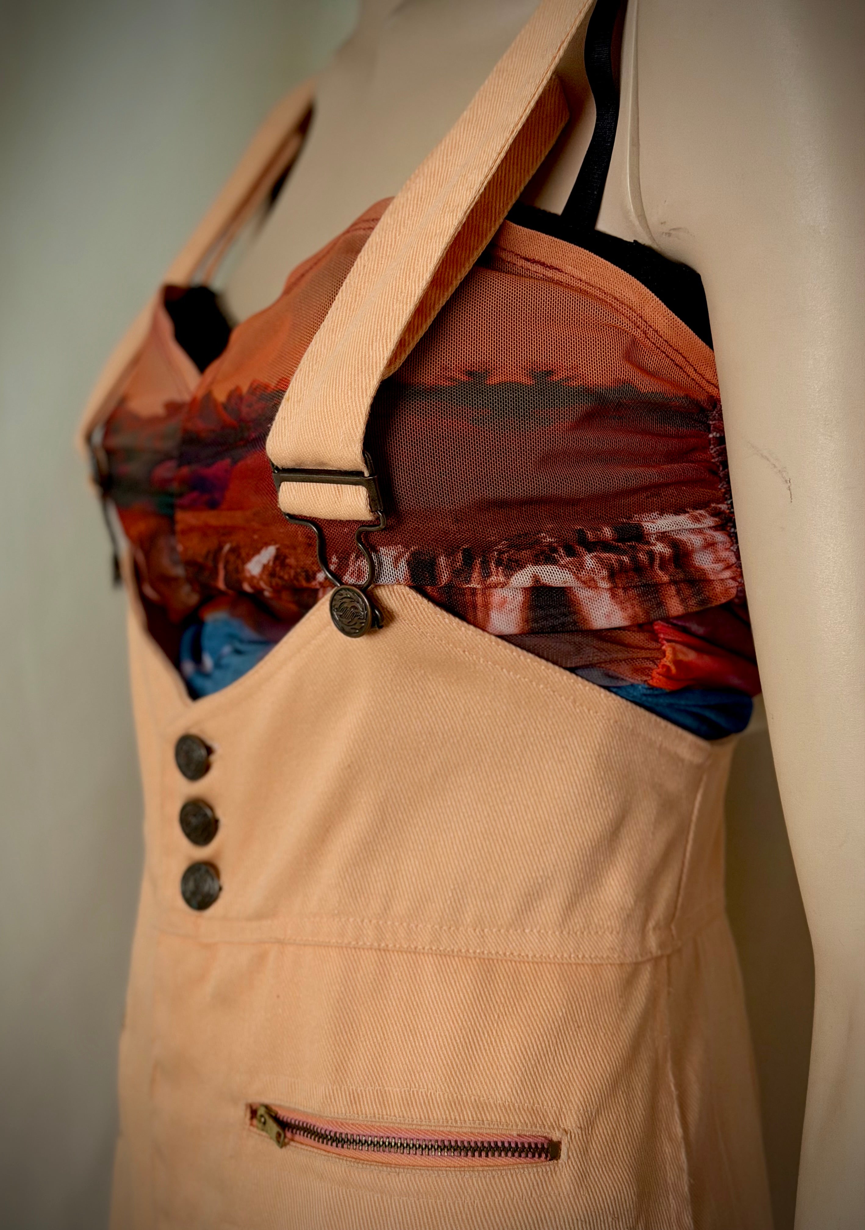 1970s Frederick’s of Hollywood Peach Cotton Flared Jumpsuit Overalls