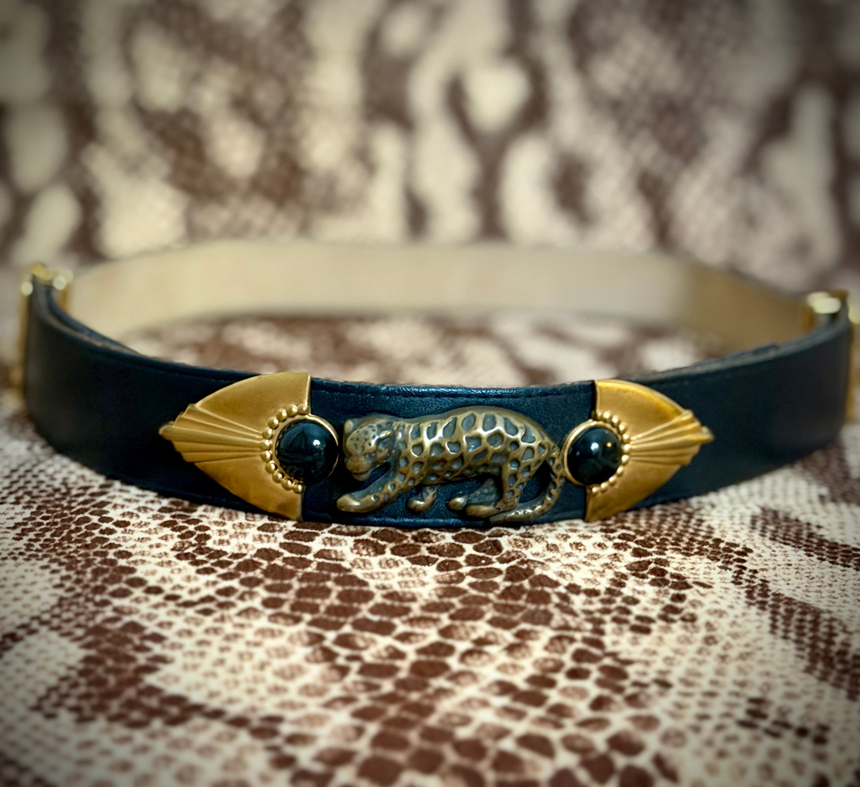 1980s Leather Belt with Leopard Hardware
