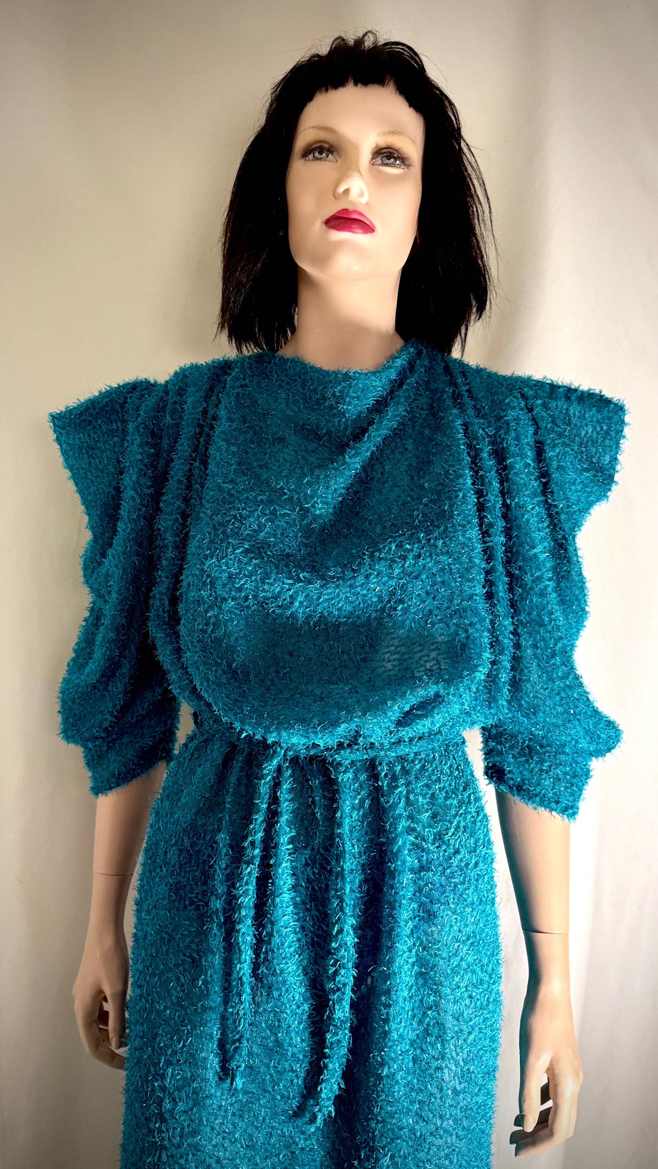 Electric Turquoise Sheer Lurex Midi Dress – 80s Avant-Garde Silhouette