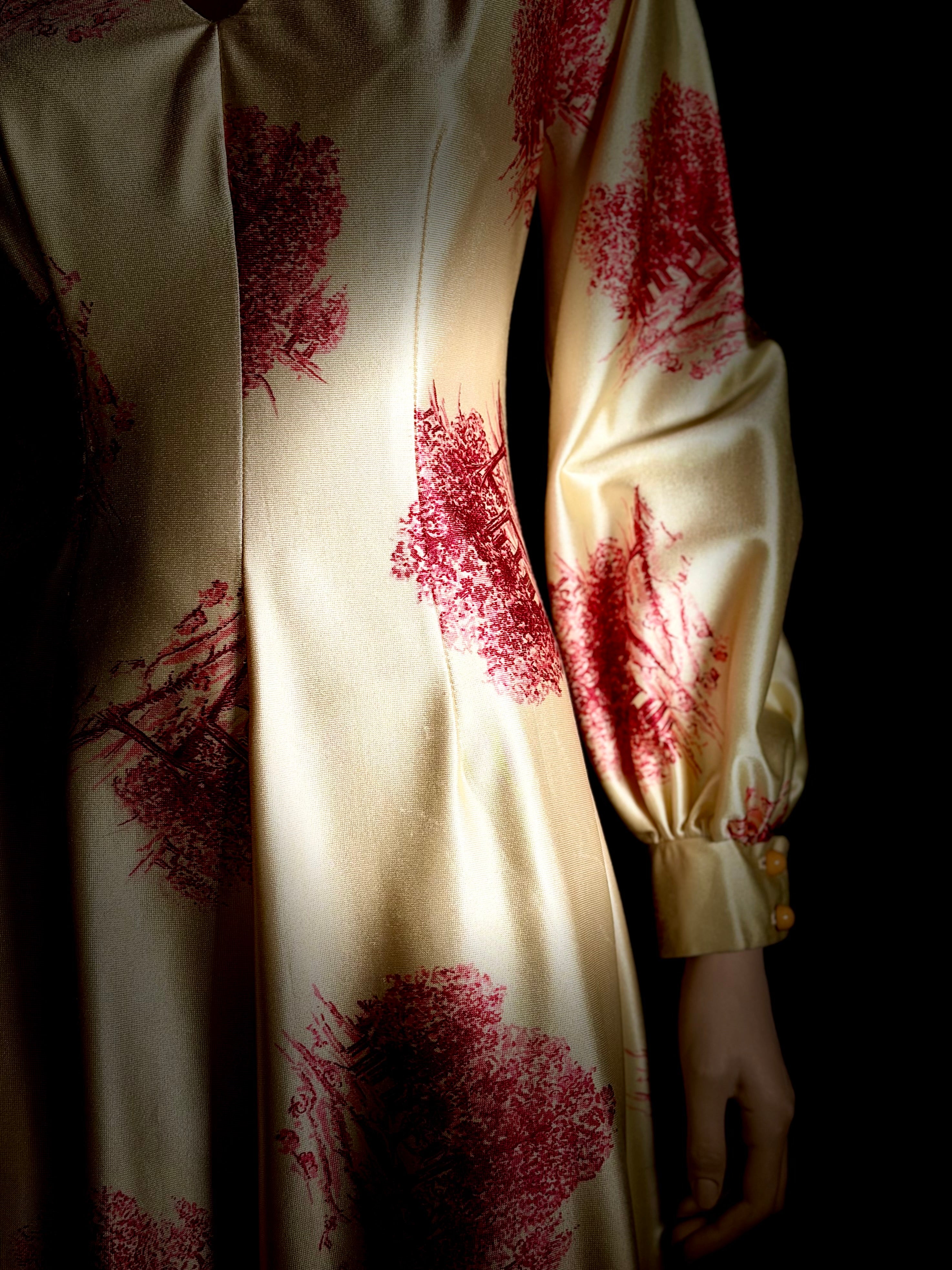 Vintage 1970s Golden Toile Evening Gown – Balloon Sleeves, Full Length