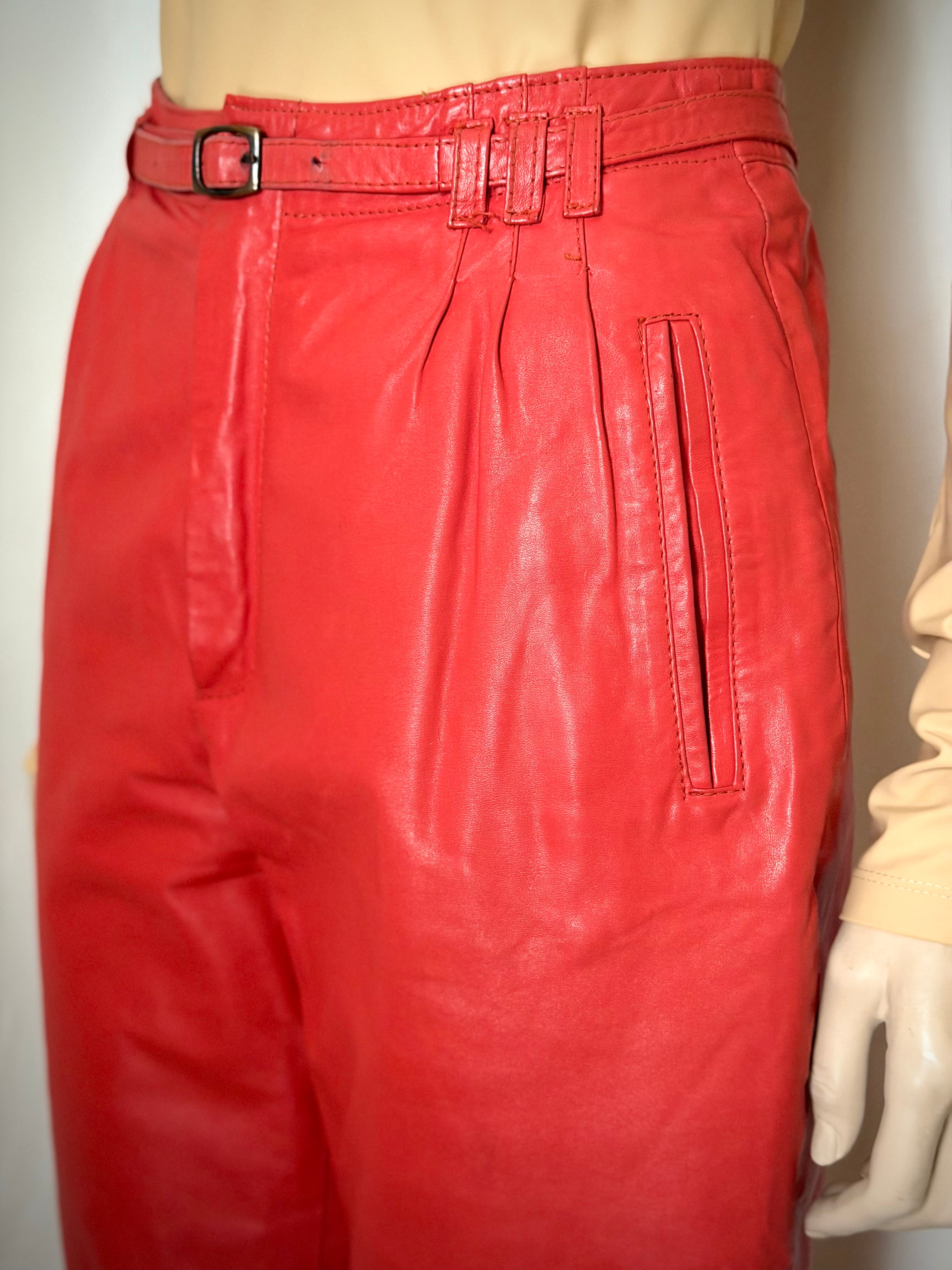 Vintage Red Leather Trousers - High-Waist Cut