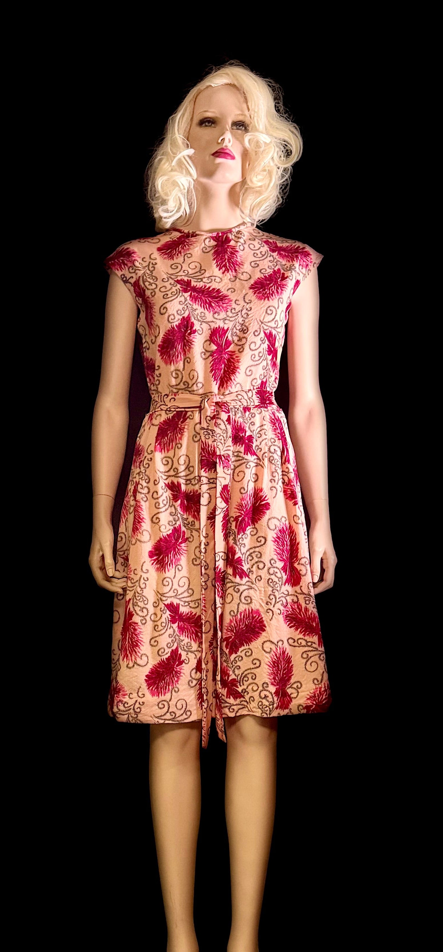 Circa 1940s Cotton Day Dress with Raspberry Print- Professionally Restored
