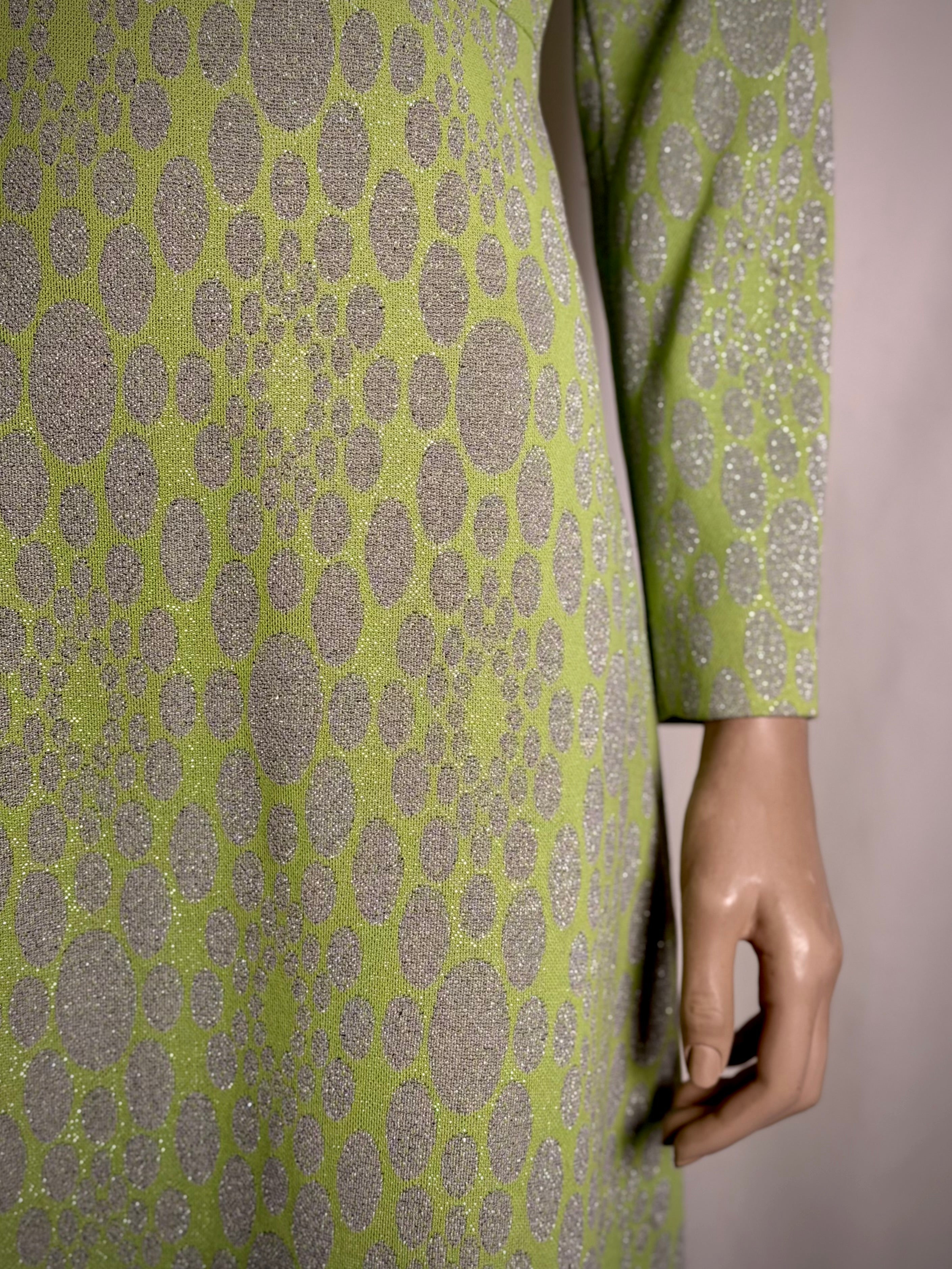 1960s Chartreuse Metallic Jacquard Op-Art Evening Gown (Mint Condition)