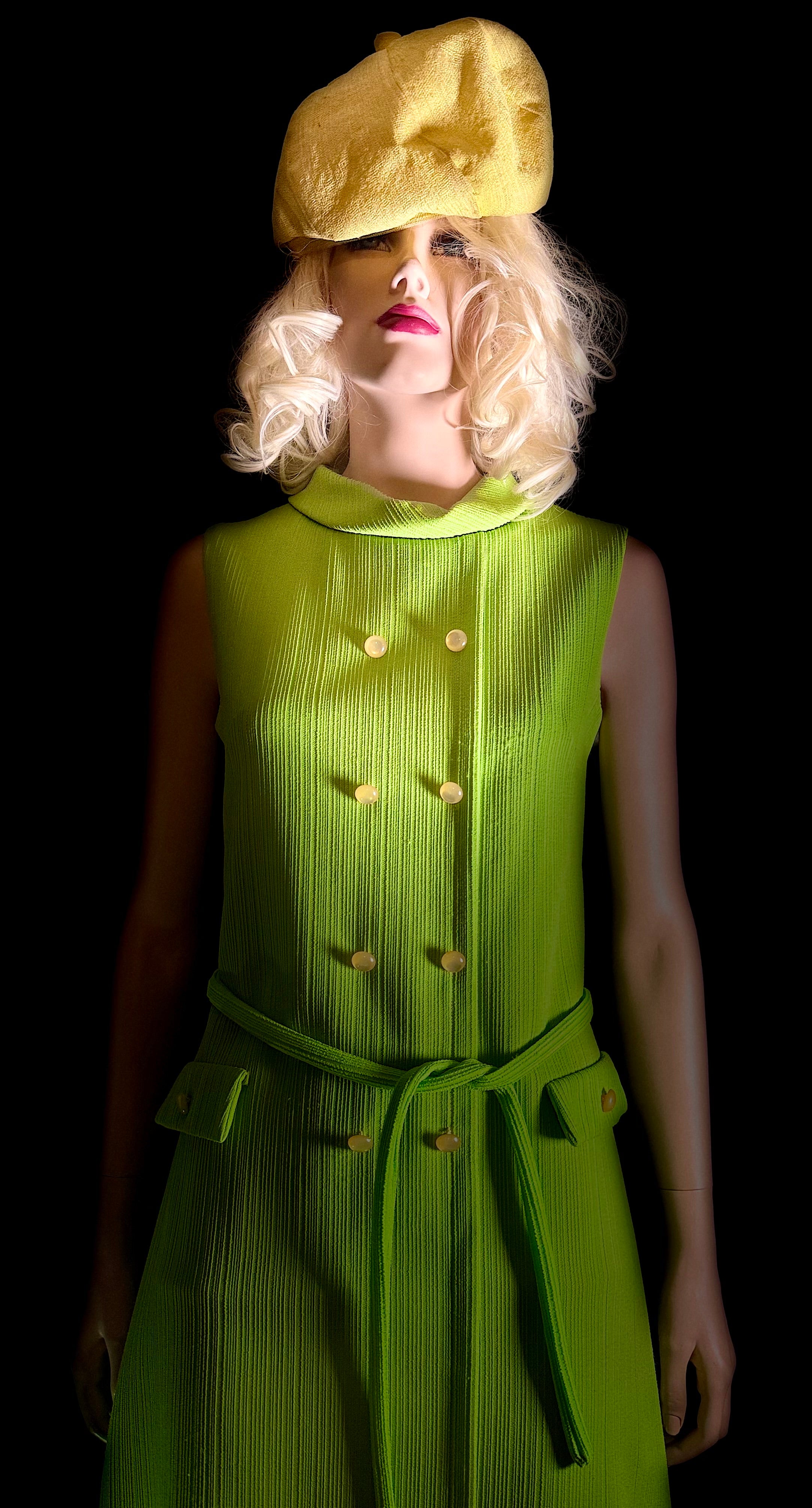 Vintage 60’s Ribbed Chartreuse Sleeveless Dress with Belt