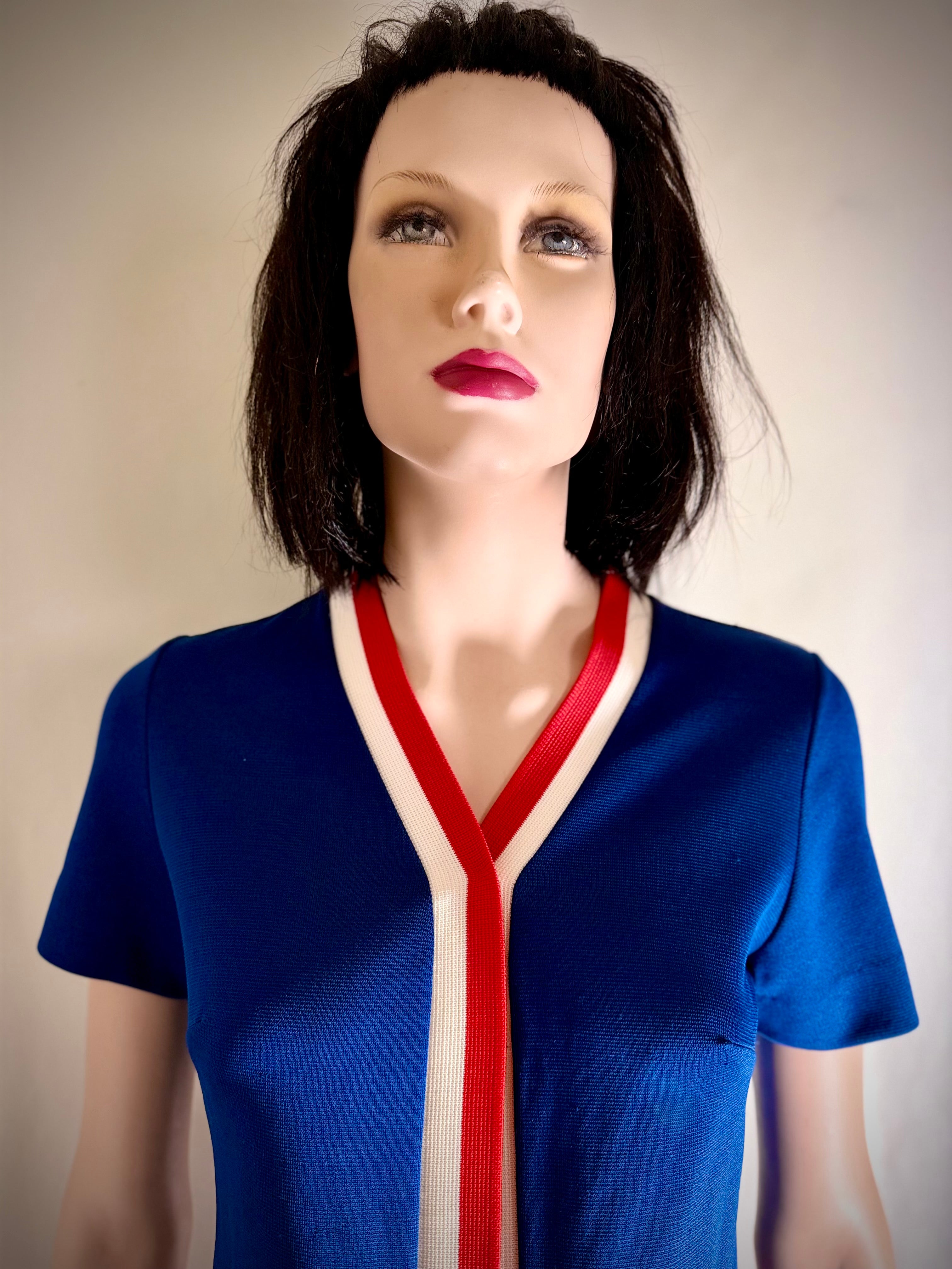 Vintage Graphic Knit Mini Dress / Tunic - Cobalt Blue with Red & White Trim