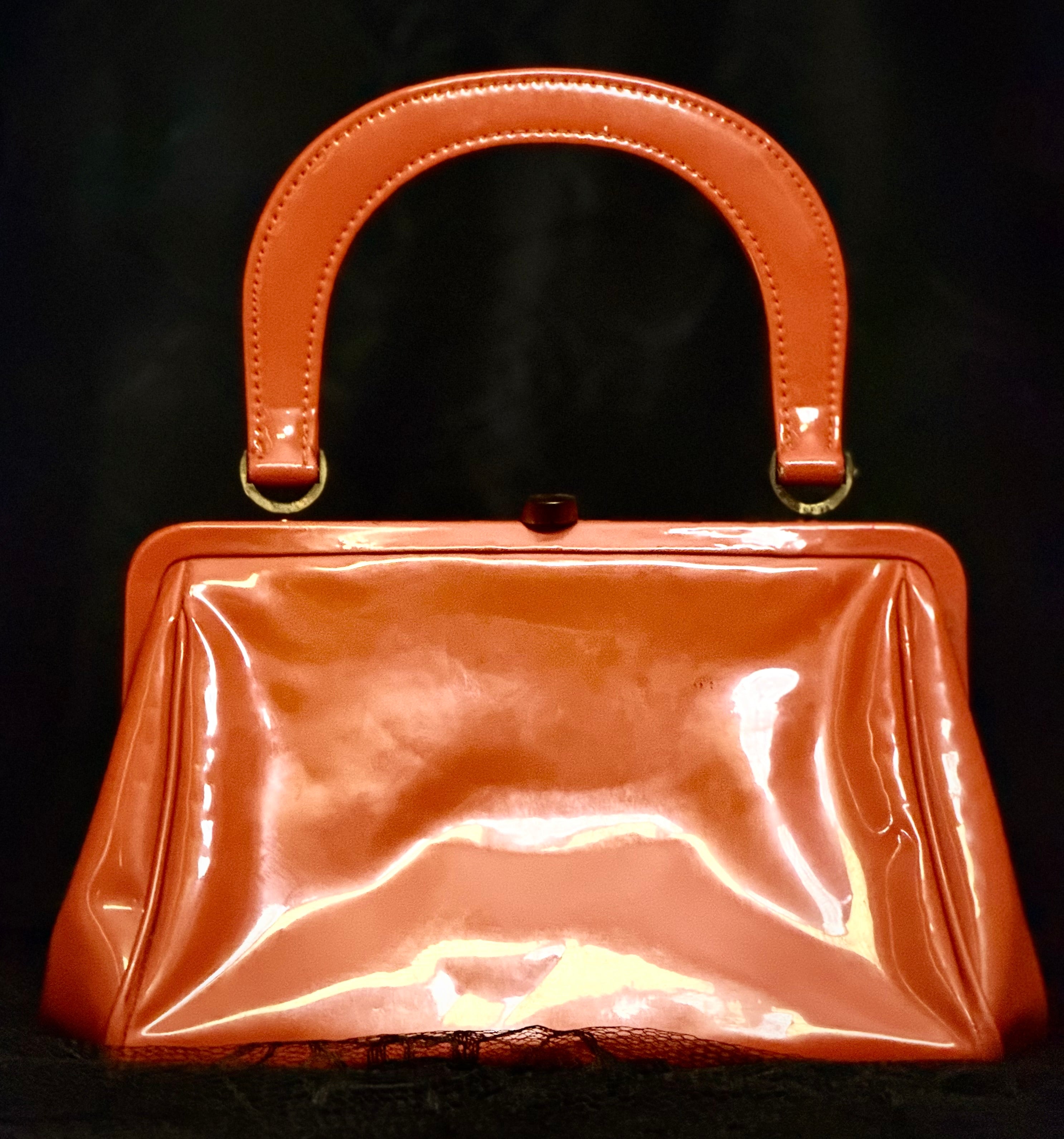 Mid-Century Tangerine Handbag with Original Gloves and Hanky Set