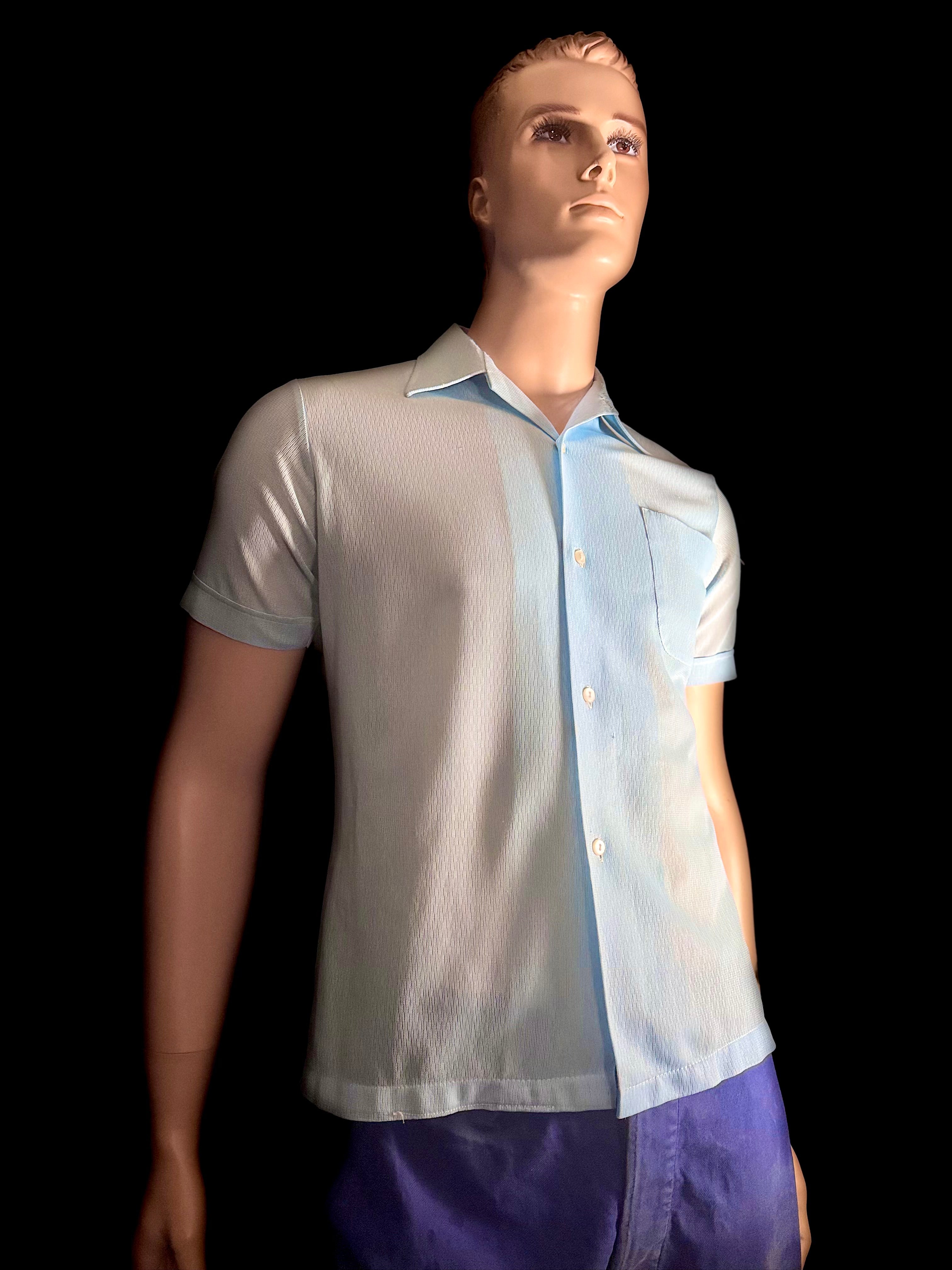 1960s Ice-Blue Sheer Shirt - Lightweight Mesh Weave