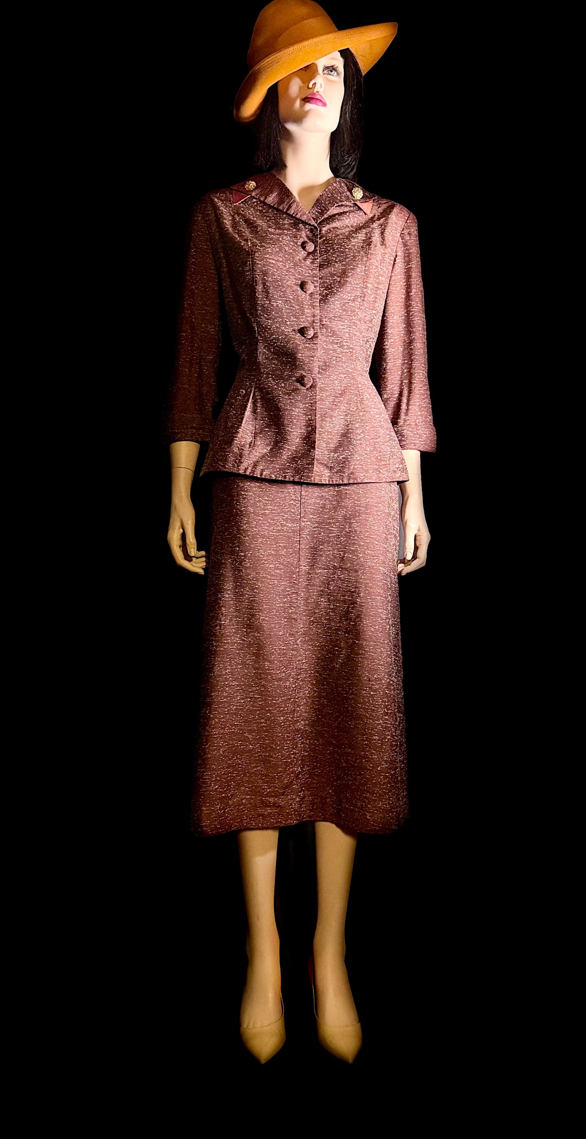 Late 1940s Vintage Skirt Suit - Rayon-Cotton with Satin Collar Detail