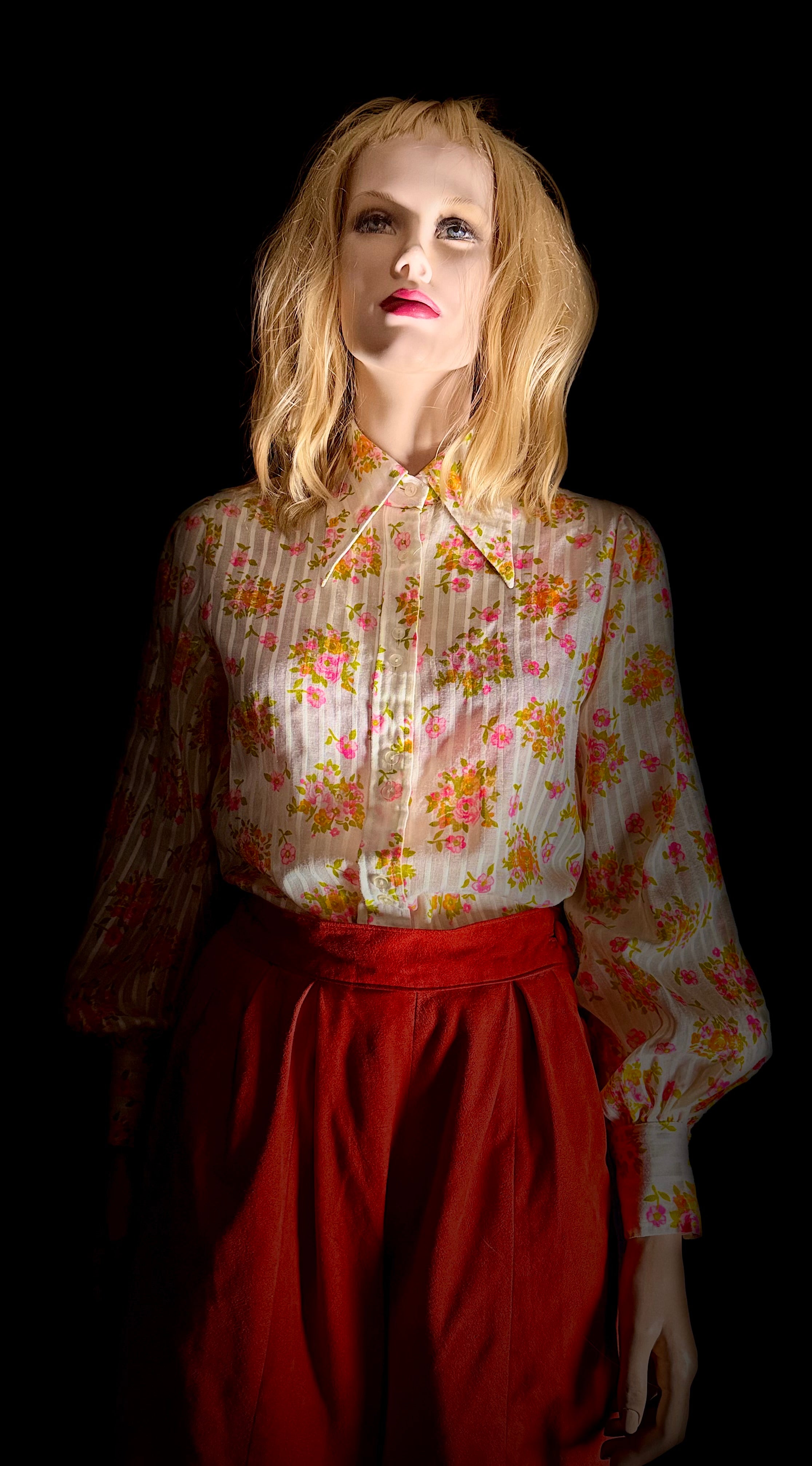1970s Semi-Sheer Floral Stripe Blouse with Double Buttons