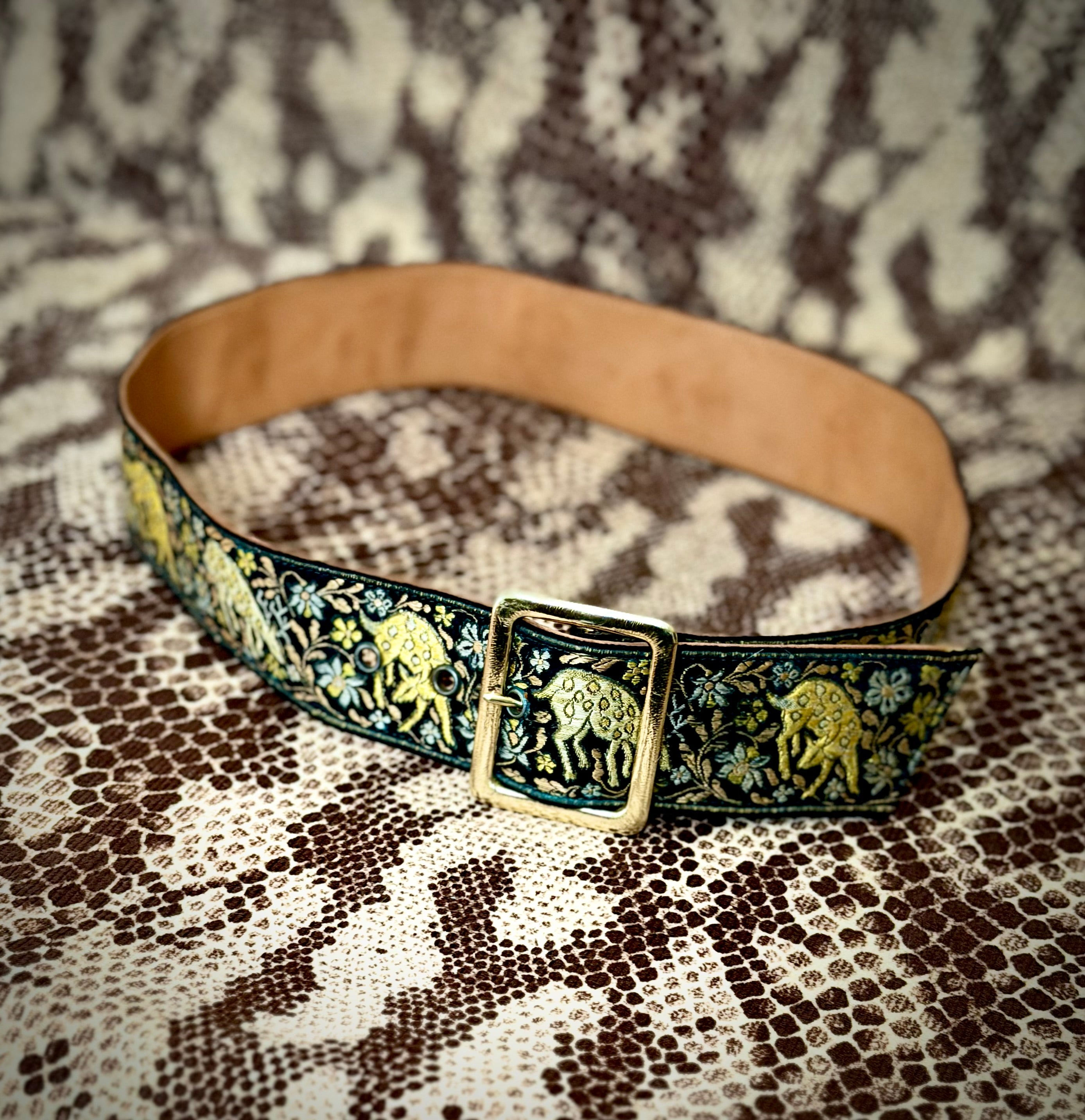 1970s Lutèce Paris Embroidered Leather Belt- Deer and Floral Tapestry (Made in France)