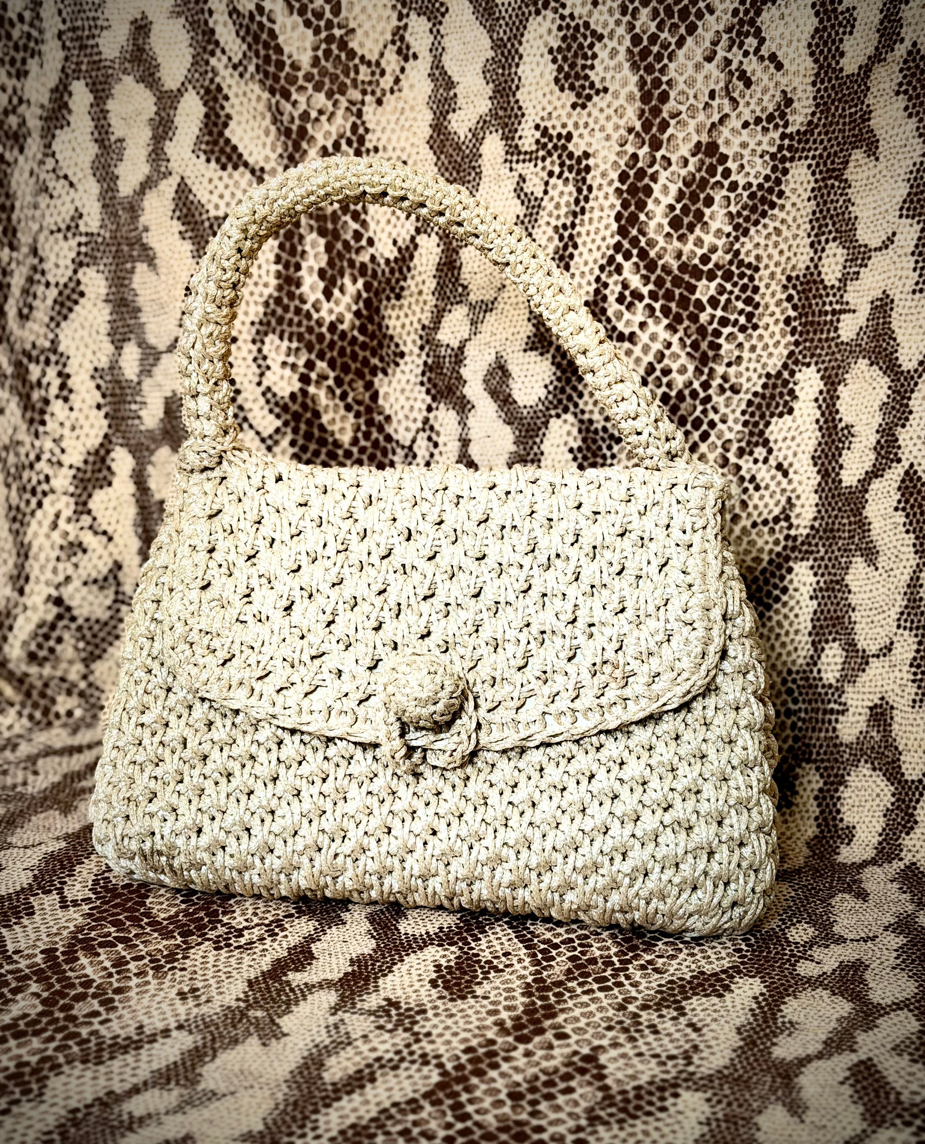 Crochet Tote - 1960s Handwoven Raffia Handbag