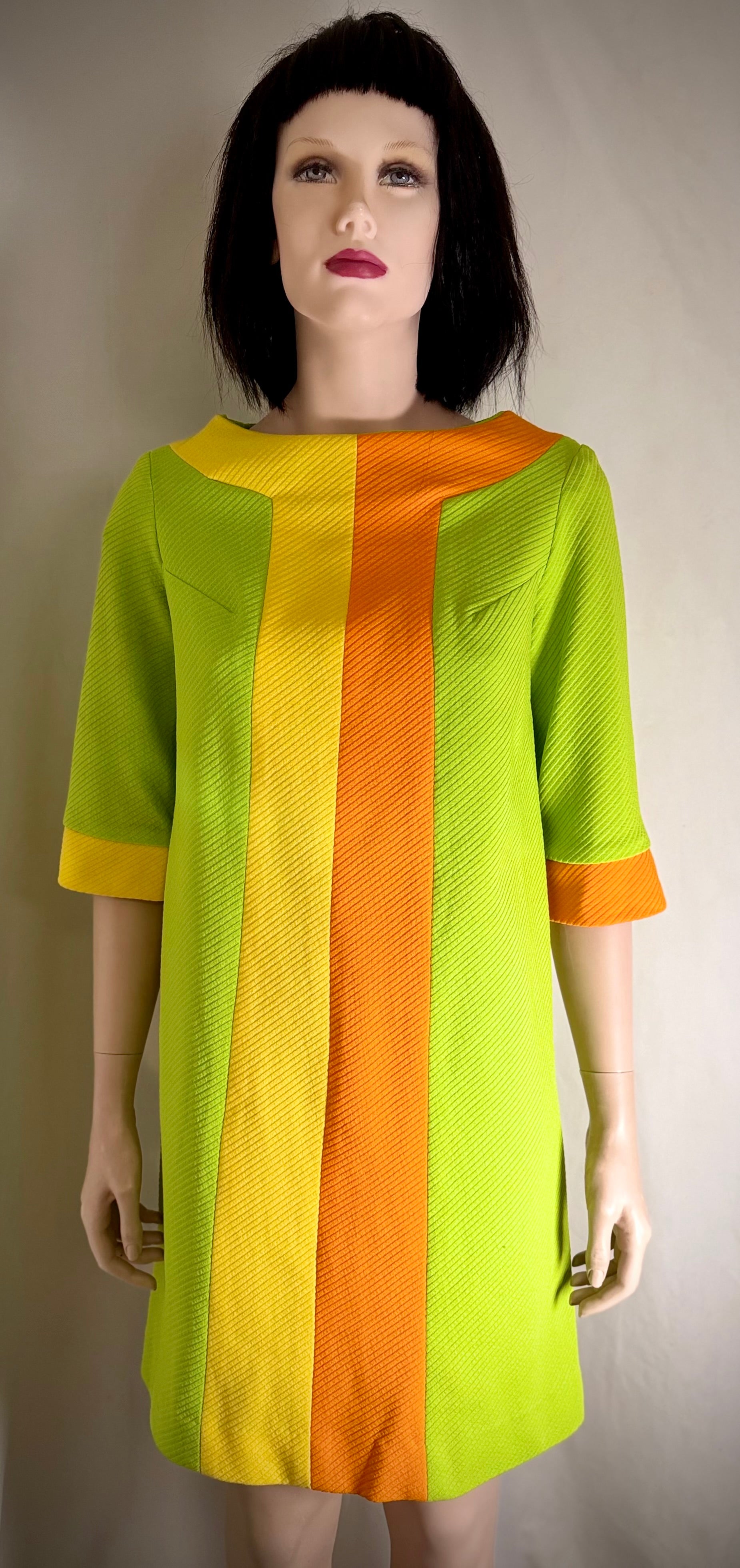 1960s Mod Graphic Stripe Shift Dress - Lime, Yellow and Tangerine