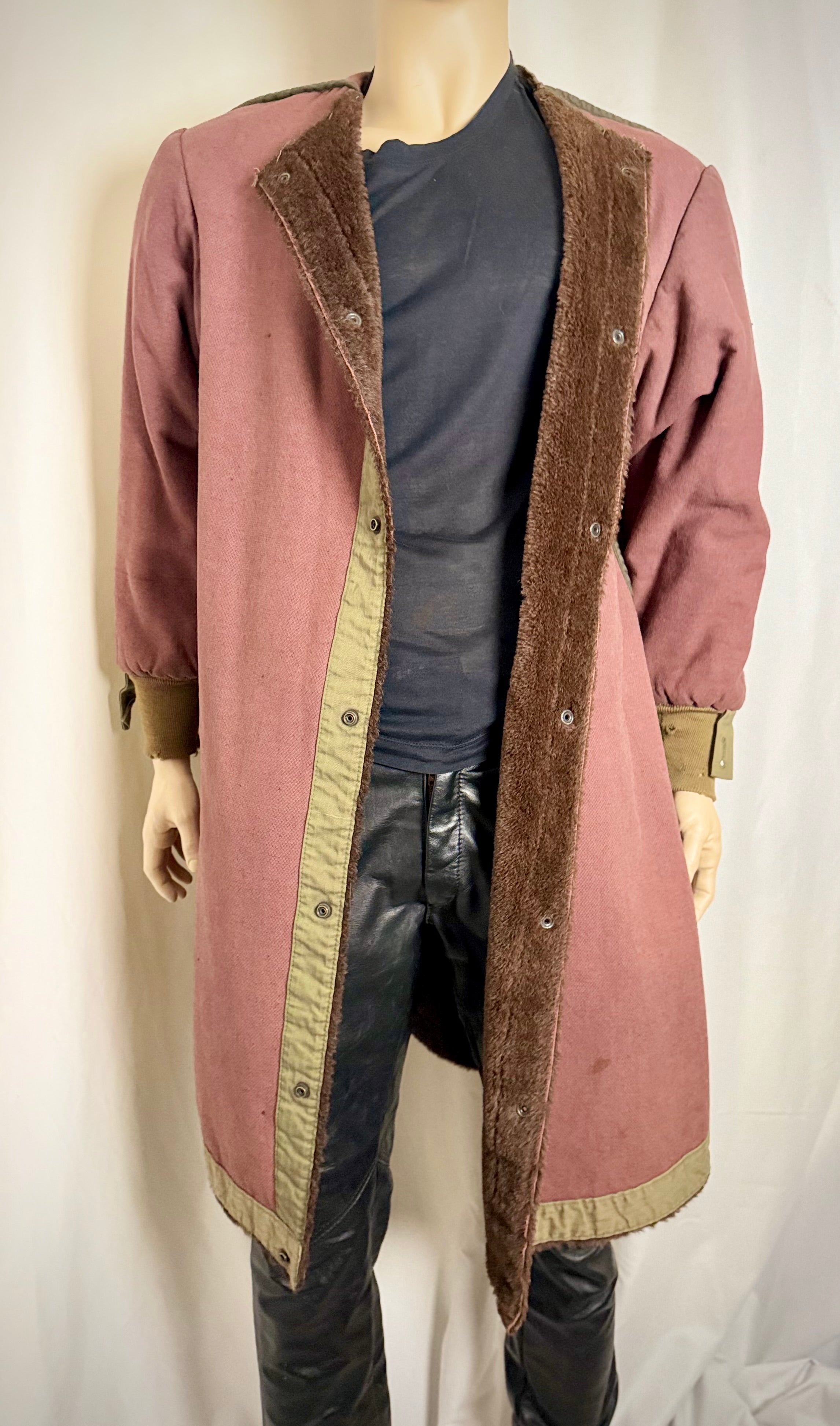 1960s Shearling Lined
Collarless Workers Coat - Olive Herringbone Trim