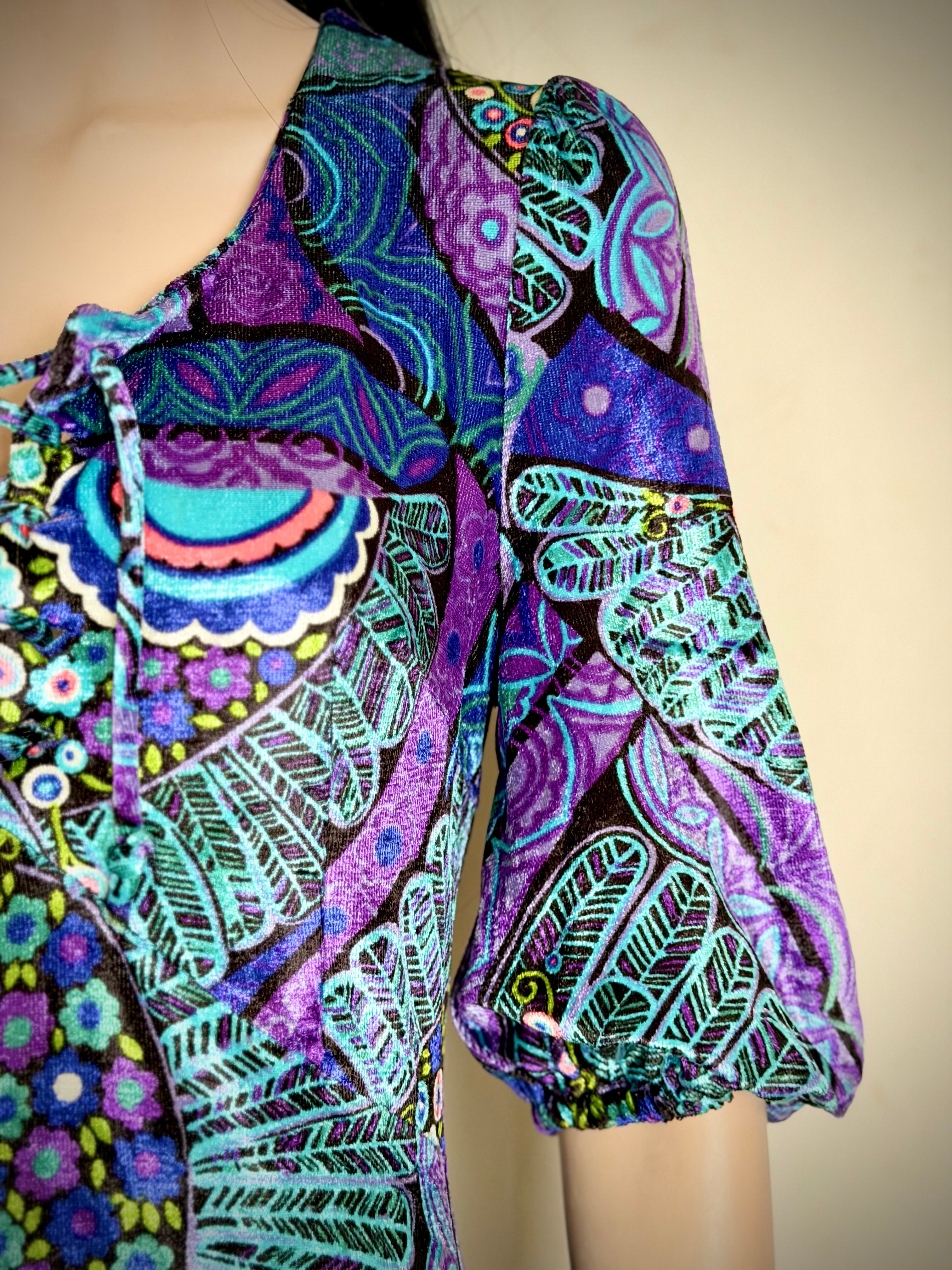 1970s Finn Karelia Psychedelic Velvet Maxi Dress | Made In Finland